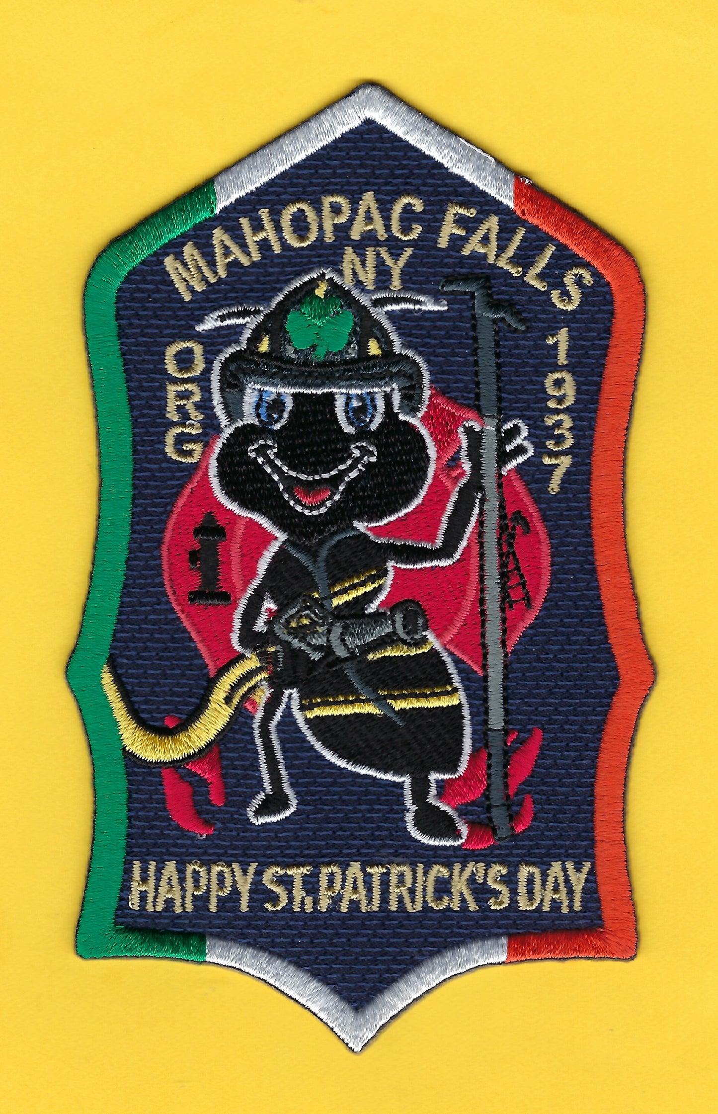 MAHOPAC FALLS, NEW YORK ( PUTNAM COUNTY ) FIRE DEPARTMENT EMBROIDERED SAINT PATRICK'S DAY EMBROIDERED PATCH BY UNDERDOG PATCH DESIGNS.