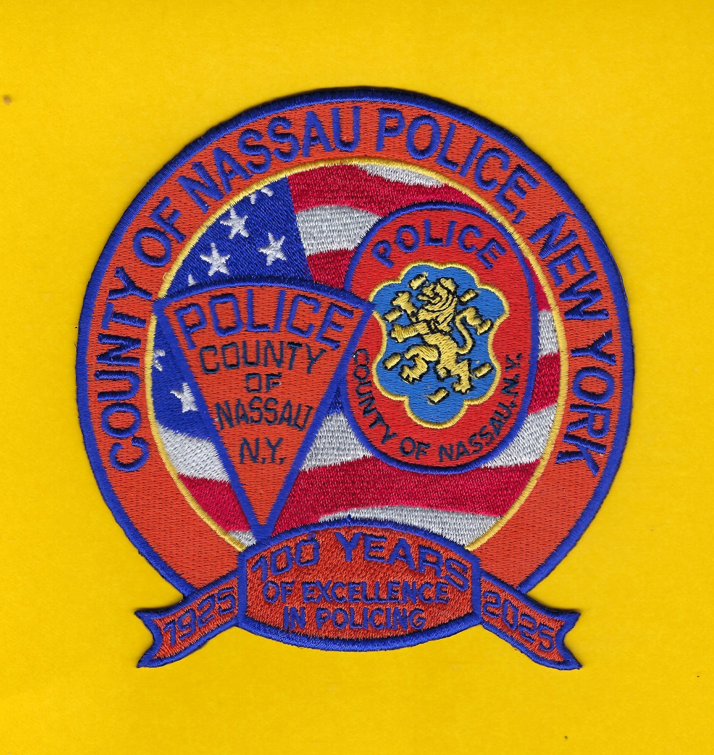 NASSAU COUNTY, NEW YORK POLICE DEPARTMENT LIMITED EDITION 6-INCH 100TH ANNIVERSARY EMBROIDERED PATCH