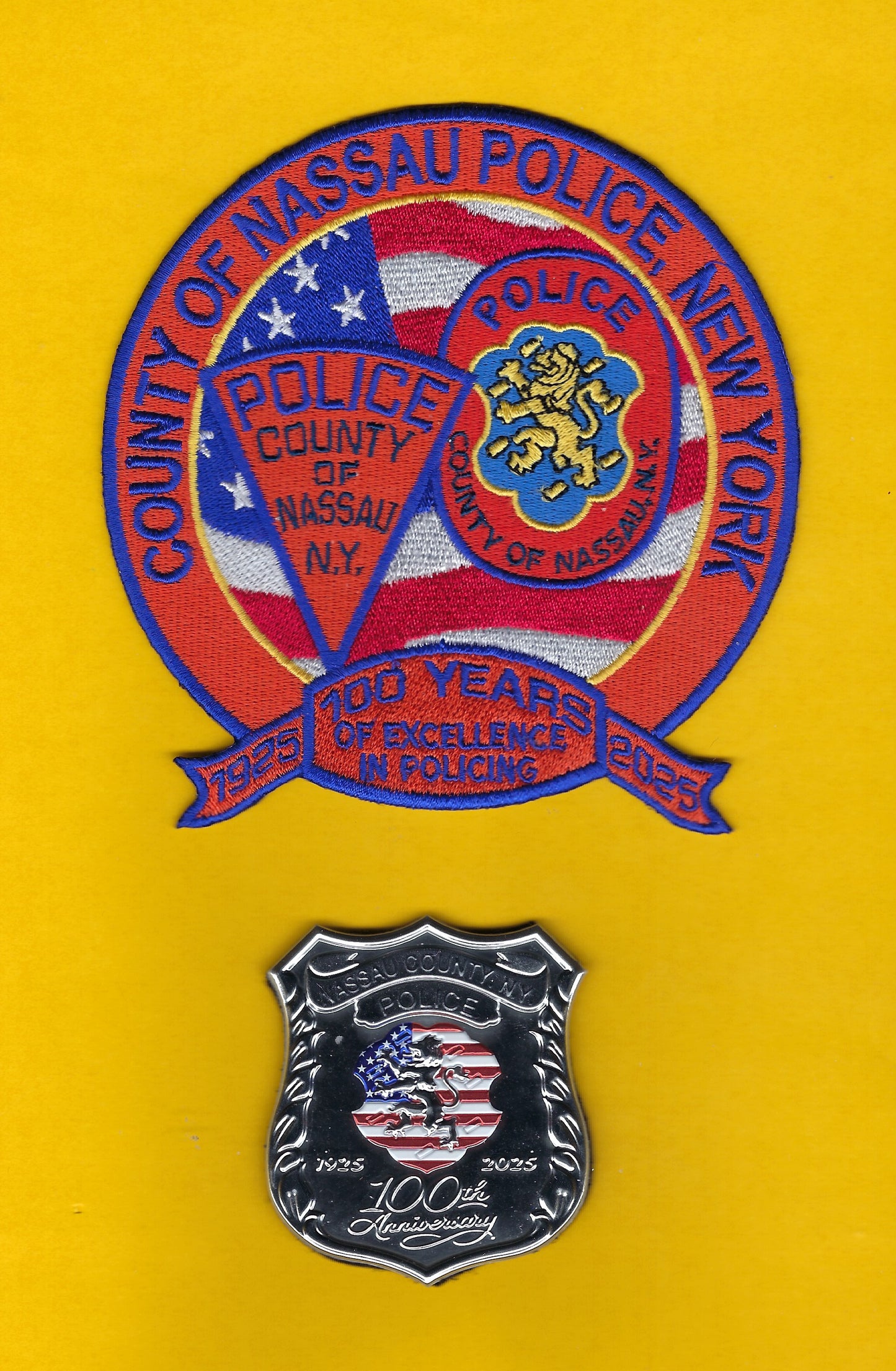NASSAU COUNTY, NEW YORK POLICE DEPARTMENT 100TH ANNIVERSARY 6-INCH EMBROIDERED PATCH AND ONE (1) NEW NASSAU COUNTY PD 100TH ANNIVERSARY DURA SHIELD WITH VELCRO BACKING BY UNDERDOG PATCH PRODUCTIONS.