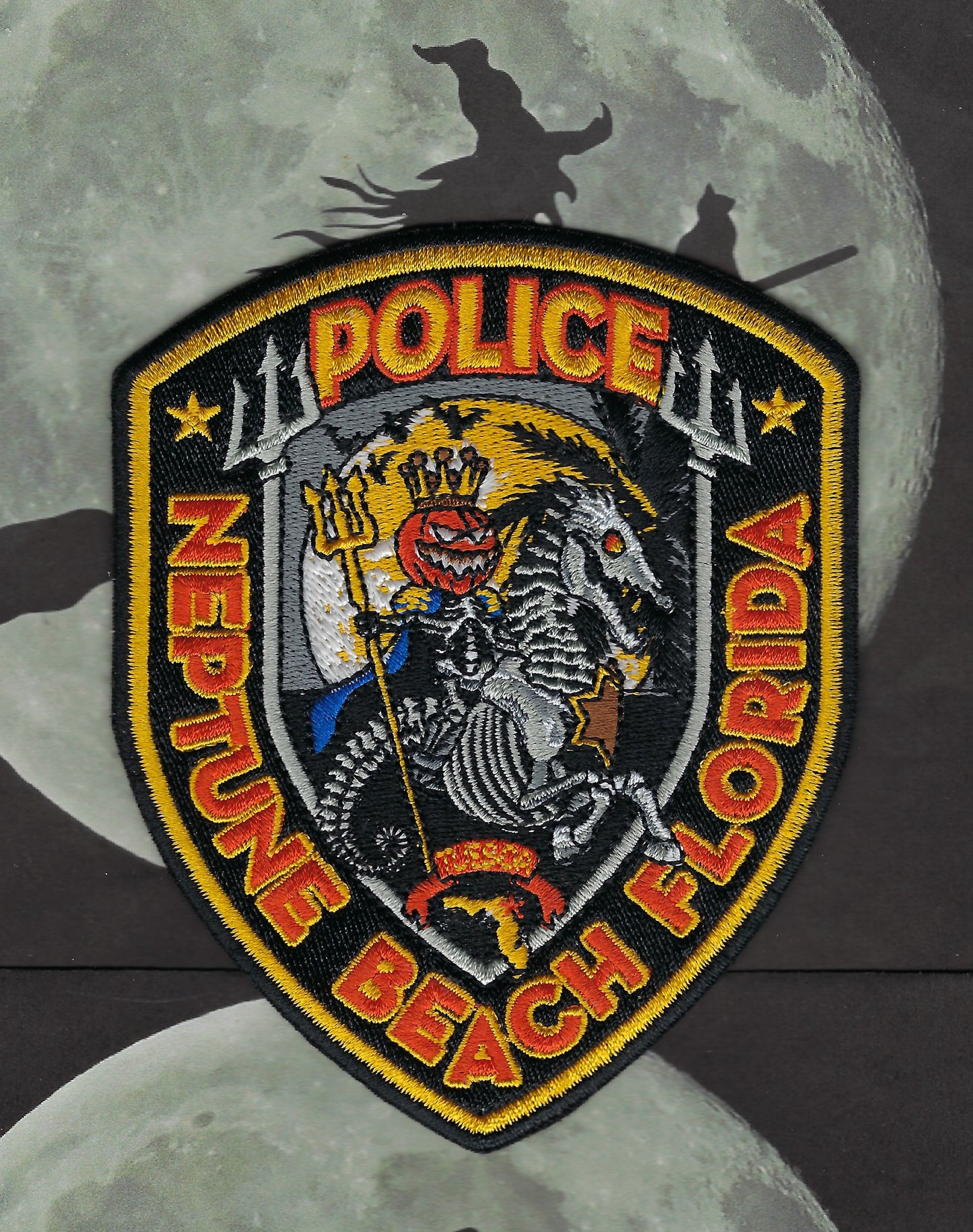 NEPTUNE BEACH, FLORIDA POLICE DEPARTMENT 4.5 INCH EMBROIDERED HALLOWEEN PATCH DESIGNED AND PRODUCED BY NAPS AND DONUTS DESIGNS.