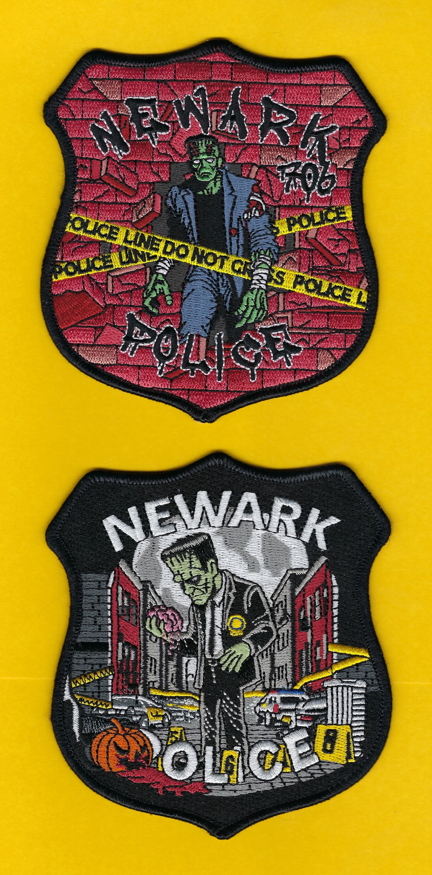 NEWARK, NEW JERSEY POLICE DEPARTMENT 'FRANKENSTEIN' EMBROIDERED HALLOWEEN PATCHES BY GHOST PATCH ENTERPRISES.