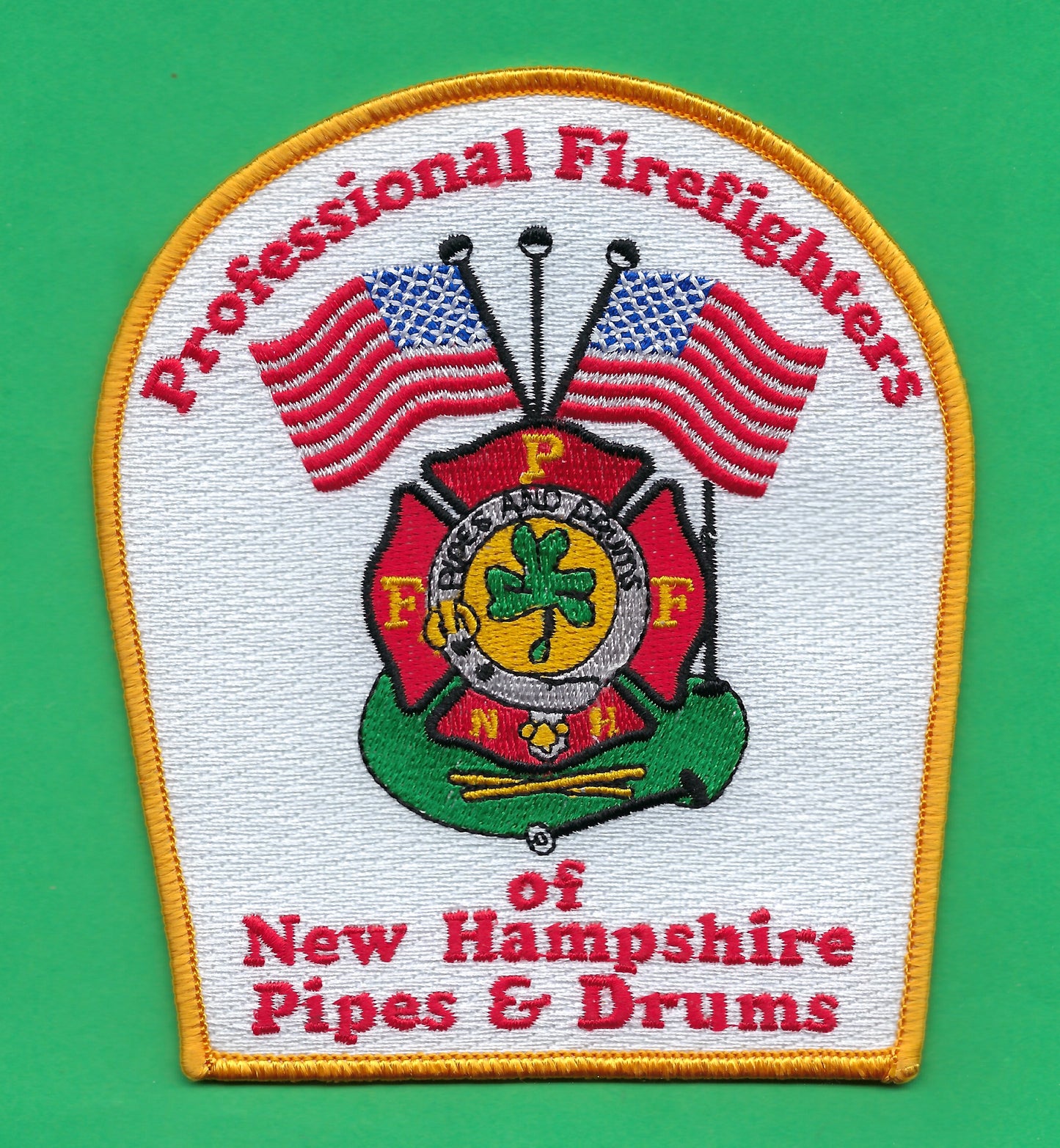 PROFESSIONAL FIREFIGHTERS ( PFF ) OF NEW HAMPSHIRE PIPES AND DRUMS EMBROIDERED PATCH BY PUBLIC SAFETY COLLECTIBLES.