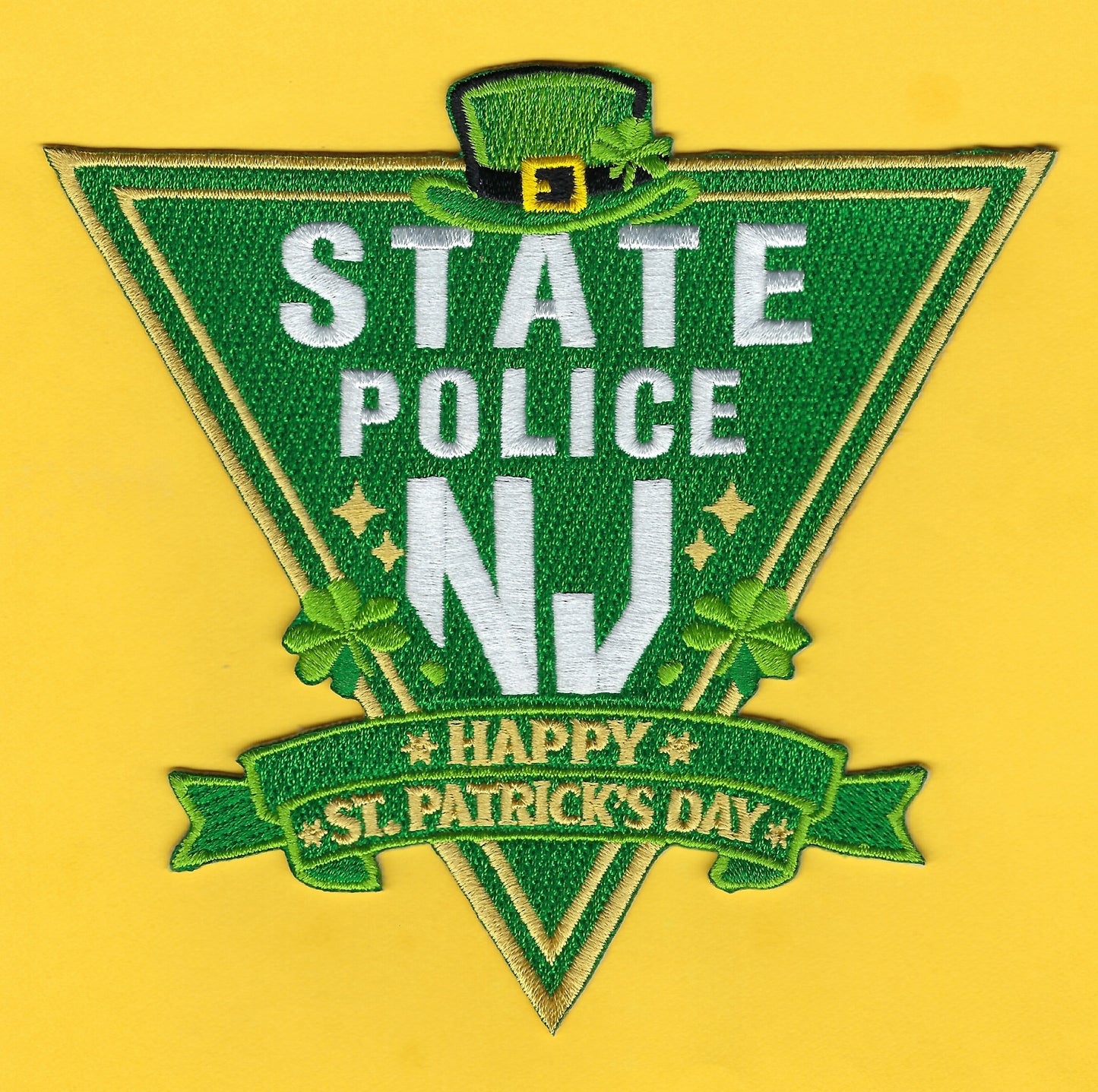 NEW JERSEY STATE POLICE (NJSP) DEPARTMENT 'HAPPY SAINT PATRICK'S DAY' EMBROIDERED PATCH BY UNDERDOG PATCH PRODUCTIONS.