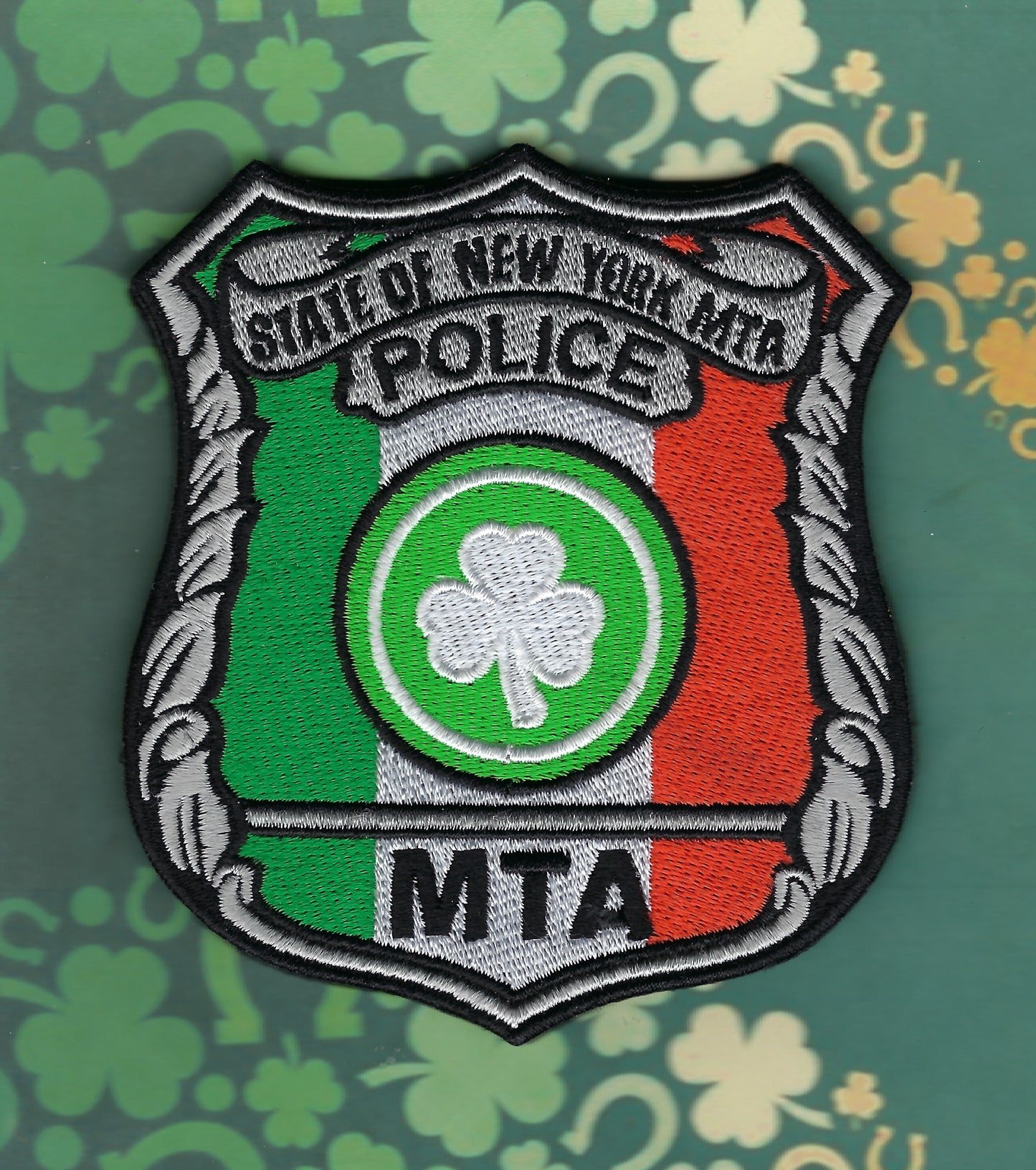 NEW YORK METROPOLITAN TRANSPORTATION AUTHORITY EMBROIDERED SAINT PATRICK'S DAY PATCH WITH VELCRO BACKING BY UNDERDOG PATCH PRODUCTIONS.