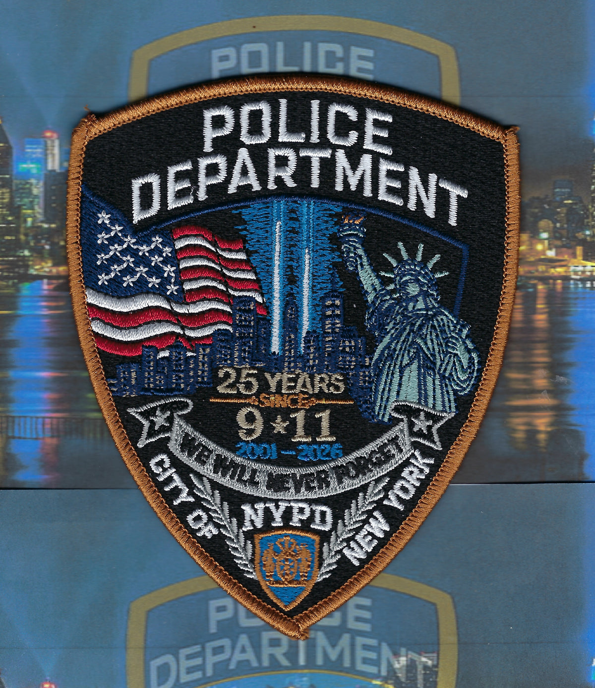 NEW YORK CITY POLICE DEPT (NYPD) '9-11-01 25TH ANNIVERSARY' EMBROIDERED TRIBUTE PATCH.