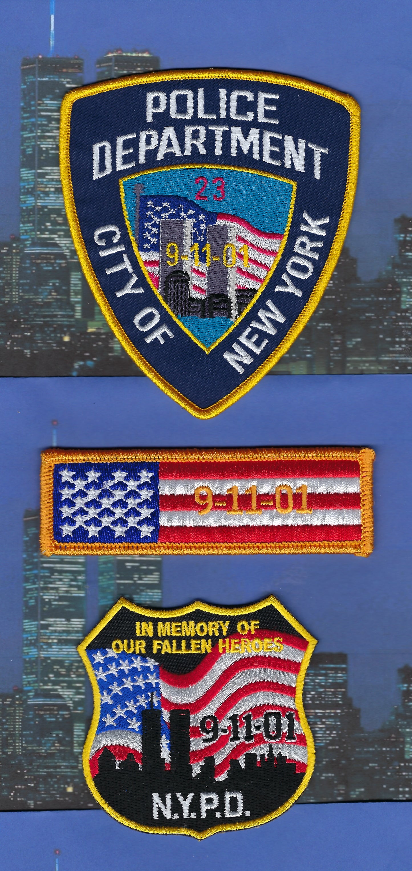 NEW YORK CITY POLICE DEPARTMENT (NYPD) WORLD TRADE CENTER 9-11-01 TWIN TOWERS TRIBUTE PATCHES BY PUBLIC SAFETY COLLECTIBLES.