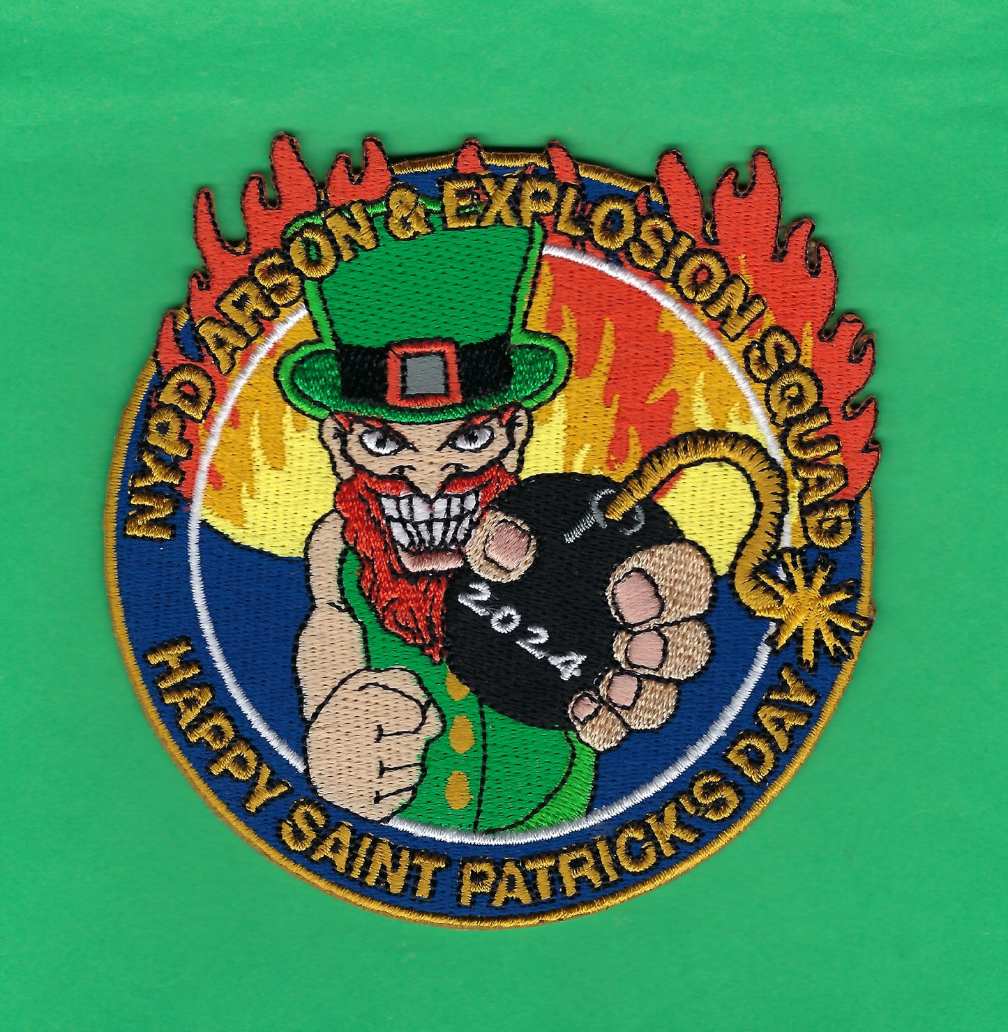 NEW YORK CITY POLICE DEPARTMENT (NYPD) ARSON AND EXPLOSION SQUAD 2024 HAPPY SAINT PATRICK'S DAY EMBROIDERED HOLIDAY PATCH DESIGNED AND PRODUCED BY UNDERDOG PATCH DESIGNS.