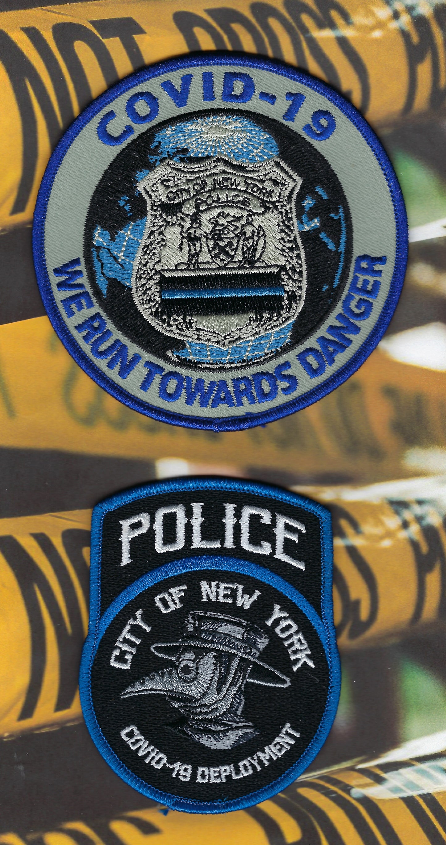 NEW YORK CITY POLICE DEPARTMENT (NYPD) 'COVID 19 TASK FORCE' (2) EMBROIDERED PATCHES' DESIGNED AND PRODUCED BY PUBLIC SAFETY COLLECTIBLES.