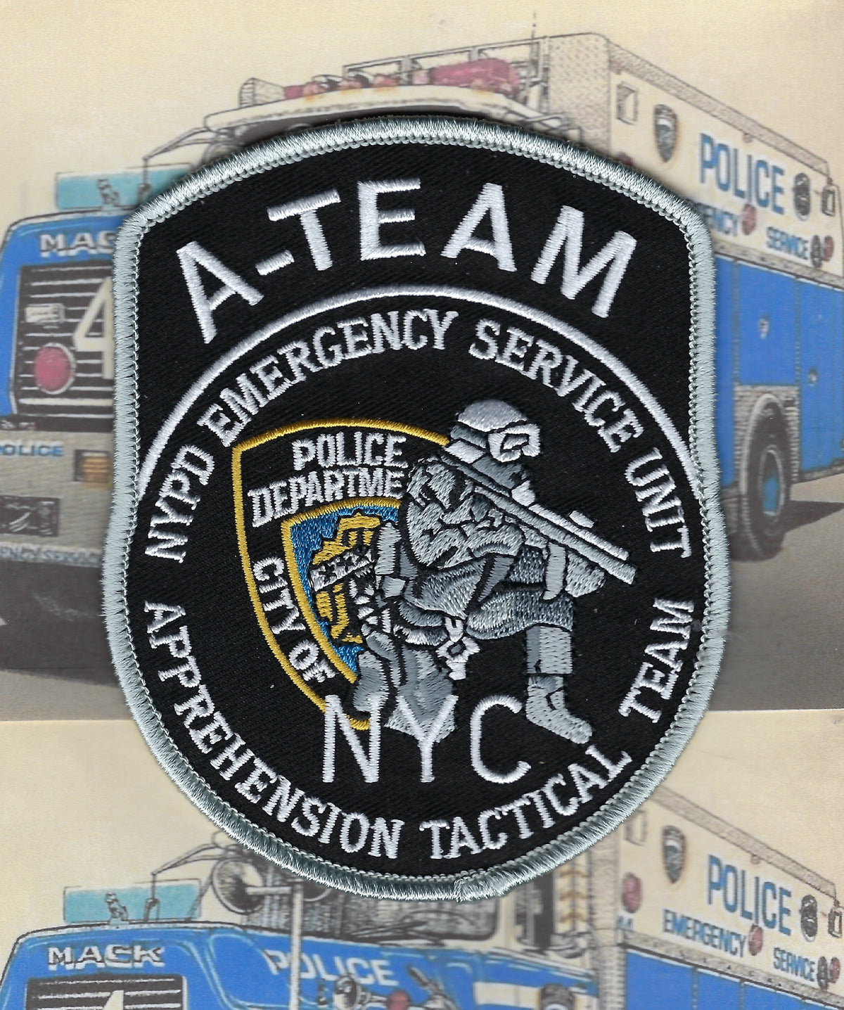 NEW YORK CITY POLICE DEPT (NYPD) EMERGENCY SERVICE UNIT (ESU) 'APPREHENSION TACTICAL TEAM' EMBROIDERED PATCH BY PUBLIC SAFETY COLLECTIBLES.