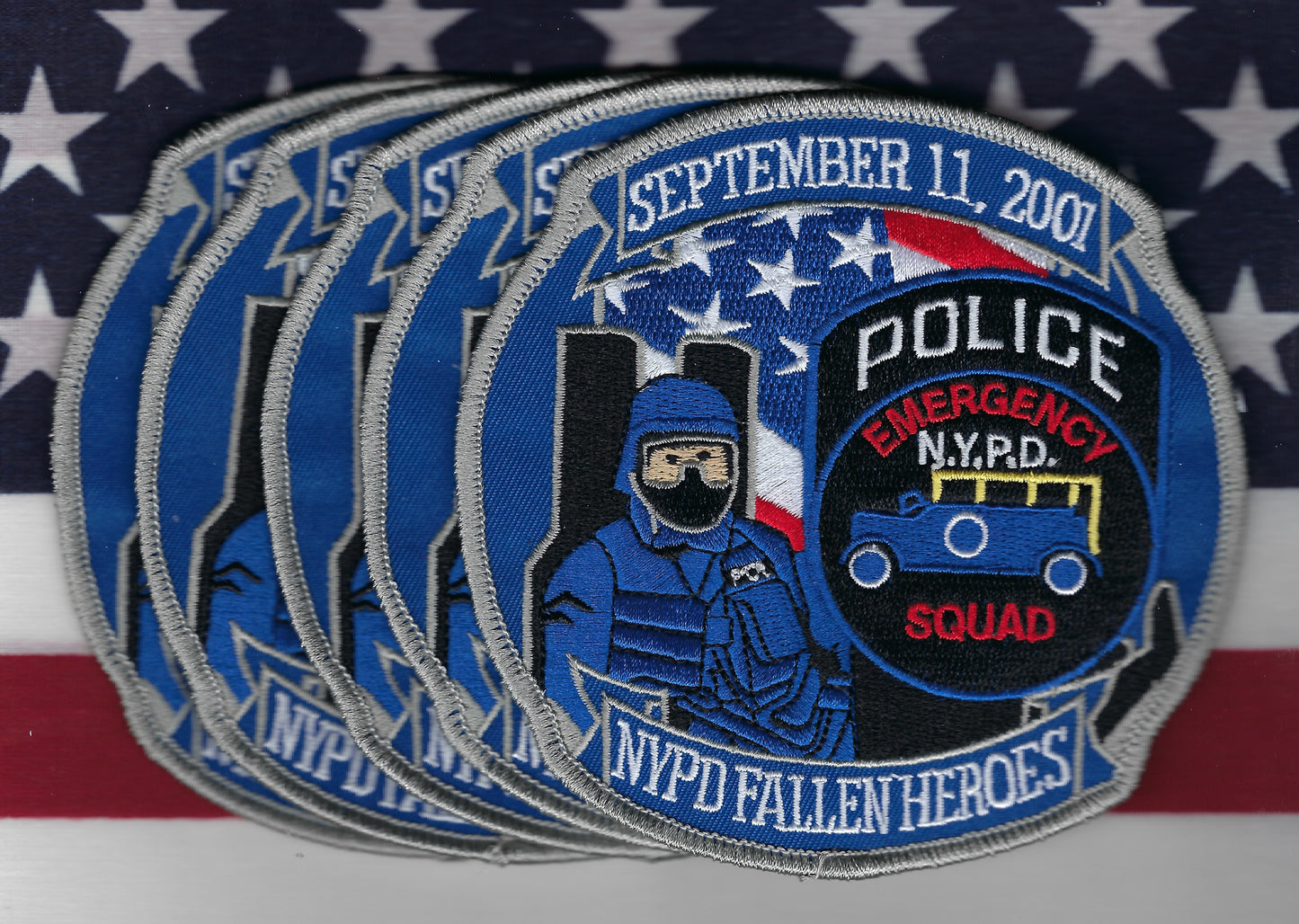NEW YORK CITY POLICE DEPARTMENT (NYPD) EMERGENCY SERVICE UNIT (ESU) 9-11-01 FALLEN HEROES EMBROIDERED PATCHES'(5) DESIGNED AND PRODUCED BY PUBLIC SAFETY COLLECTIBLES.