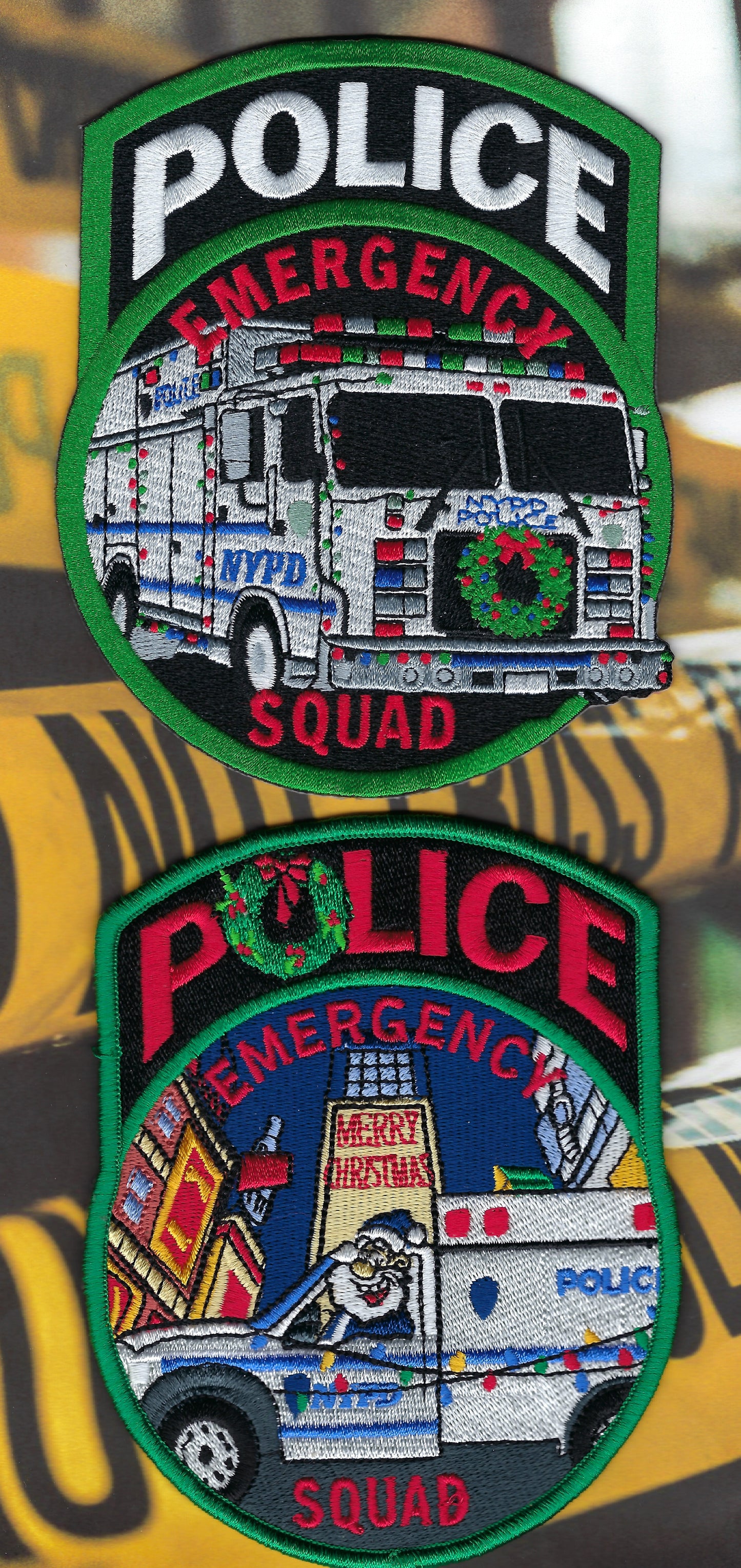 NEW YORK CITY POLICE DEPARTMENT (NYPD) EMERGENCY SERVICE UNIT (ESU) EMBROIDERED CHRISTMAS PATCHES DESIGNED AND PRODUCED BY UNDERDOG PATCH DESIGNS.