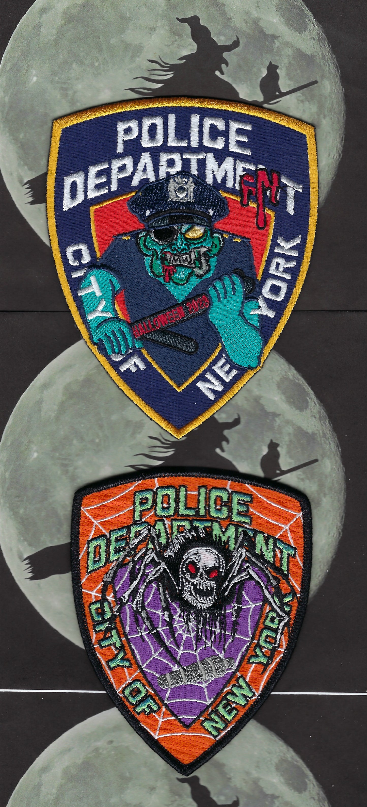 NEW YORK CITY POLICE DEPARTMENT (NYPD) 5-INCH AND 4.5 INCH' HAPPY HALLOWEEN' EMBROIDERED PATCHES BY UNDERDOG PATCH PRODUCTIONS AND GHOST PATCH ENTERPRISES.
