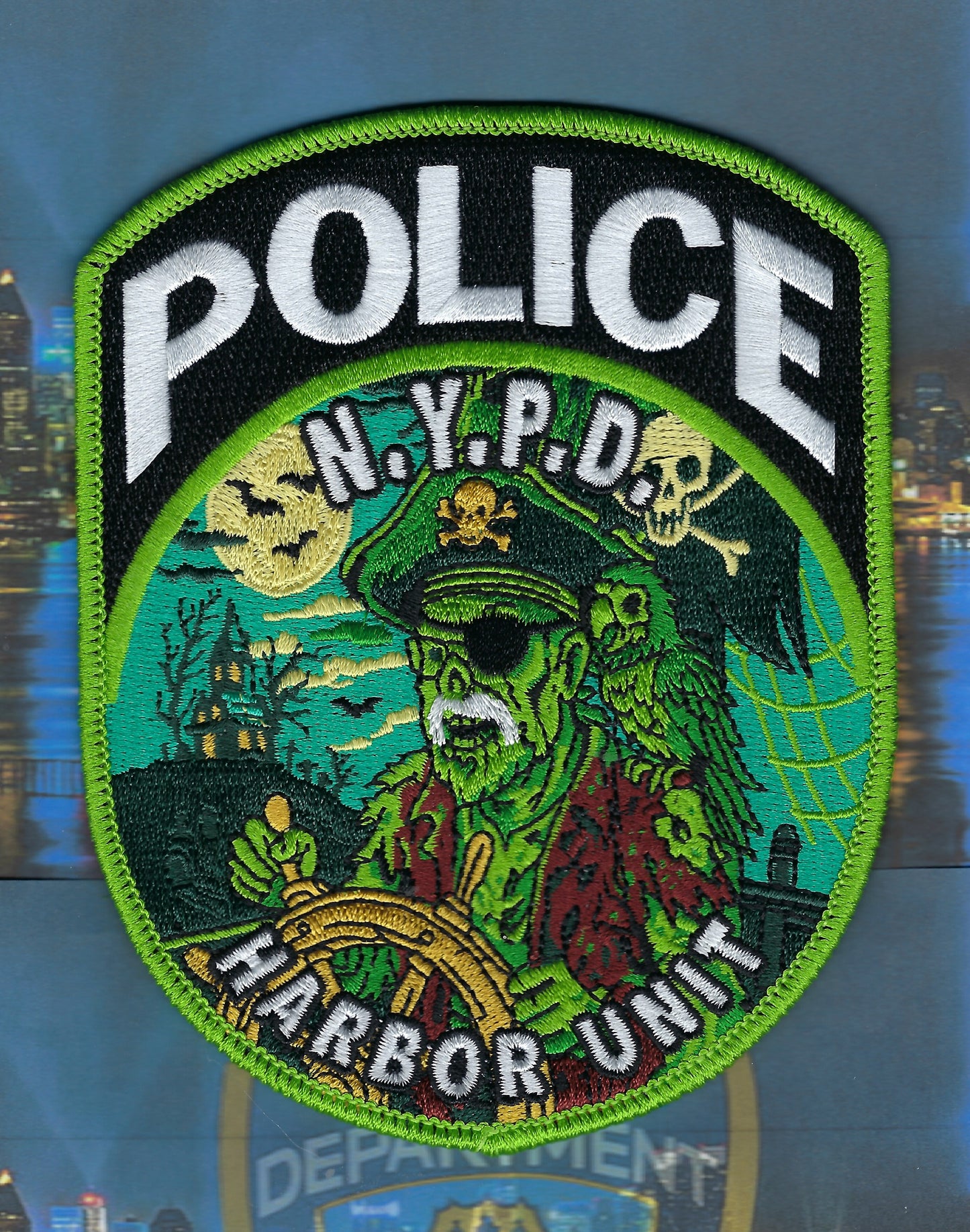 NEW YORK CITY POLICE DEPARTMENT (NYPD) HARBOR UNIT 'HAPPY HALLOWEEN' EMBROIDERED PIRATE PATCH DESIGNED AND PRODUCED BY UNDERDOG PATCH DESIGNS.