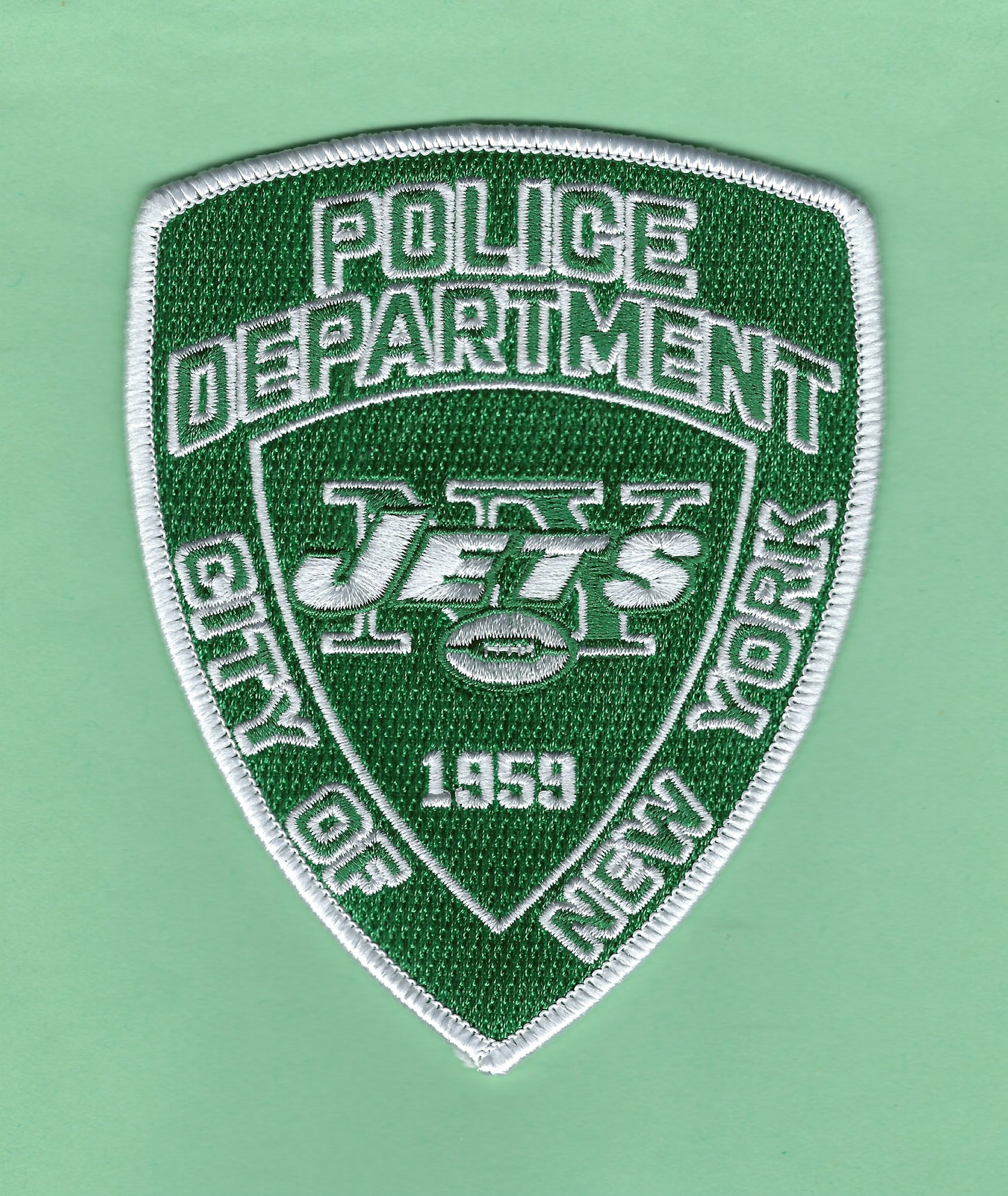 NEW YORK CITY POLICE DEPARTMENT (NYPD) NEW YORK JETS EMBROIDERED PATCH DESIGNED AND PRODUCED BY GHOST PATCH PRODUCTIONS.