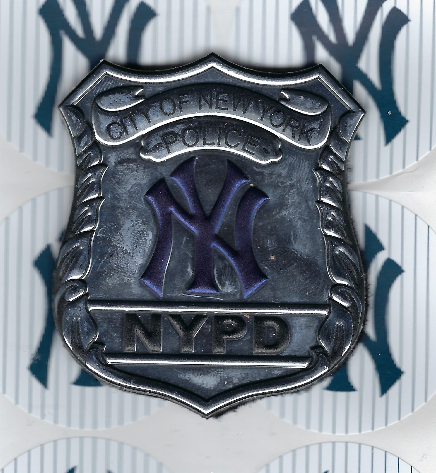 NEW YORK CITY POLICE DEPARTMENT ( NYPD ) NEW YORK YANKEES POLICE OFFICER DURA SHIELD WITH VELCRO BACKING DESIGNED AND PRODUCED BY UNDERDOG PATCH DESIGNS.