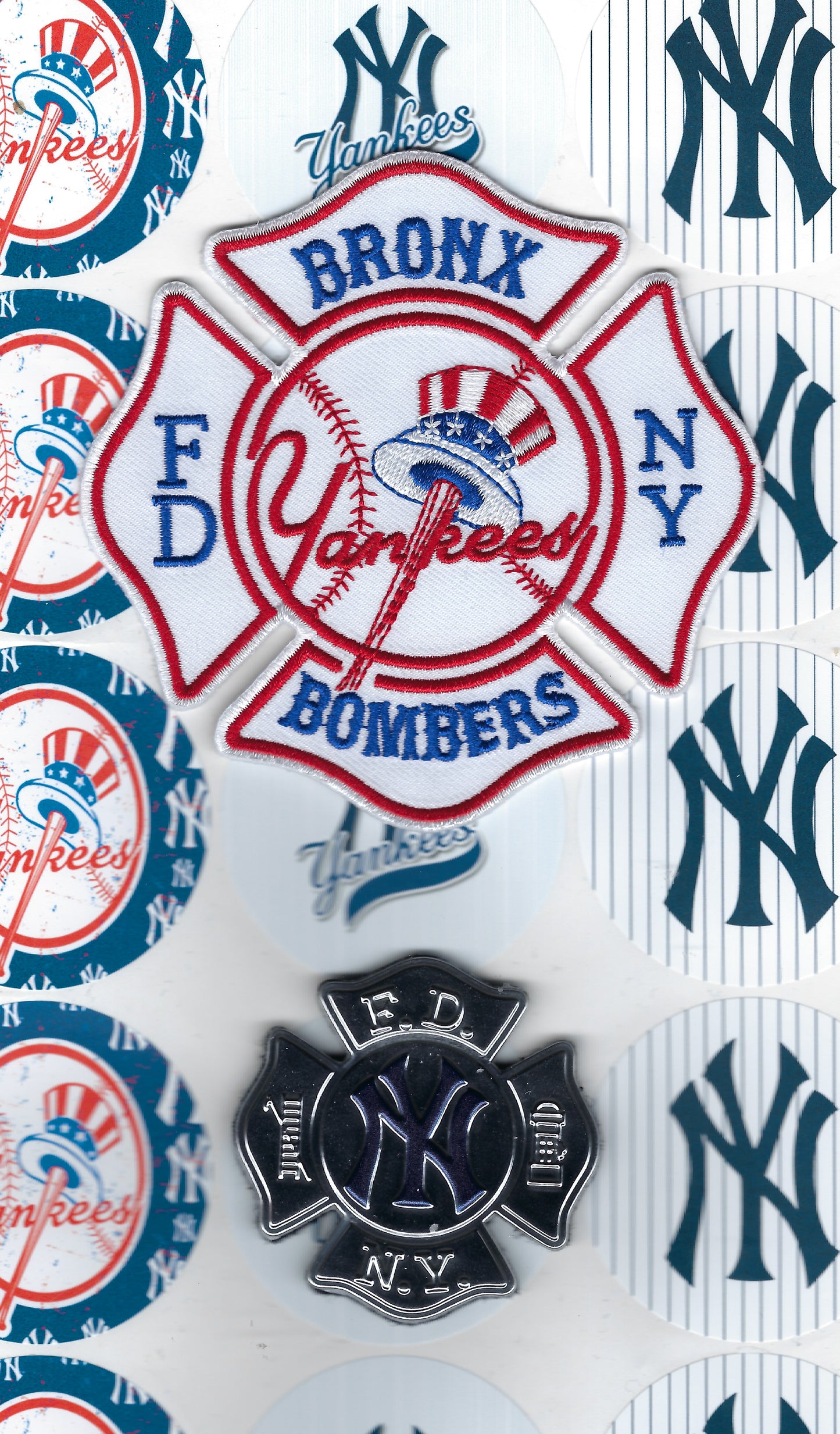 NEW YORK CITY FIRE DEPARTMENT (FDNY) NEW YORK YANKEES 4-INCH EMBROIDERED TRIBUTE PATCH AND 2.5 INCH DURA SHIELD WITH VELCRO BACKING BY PUBLIC SAFETY COLLECTIBLES AND UNDERDOG PATCH PRODUCTIONS.