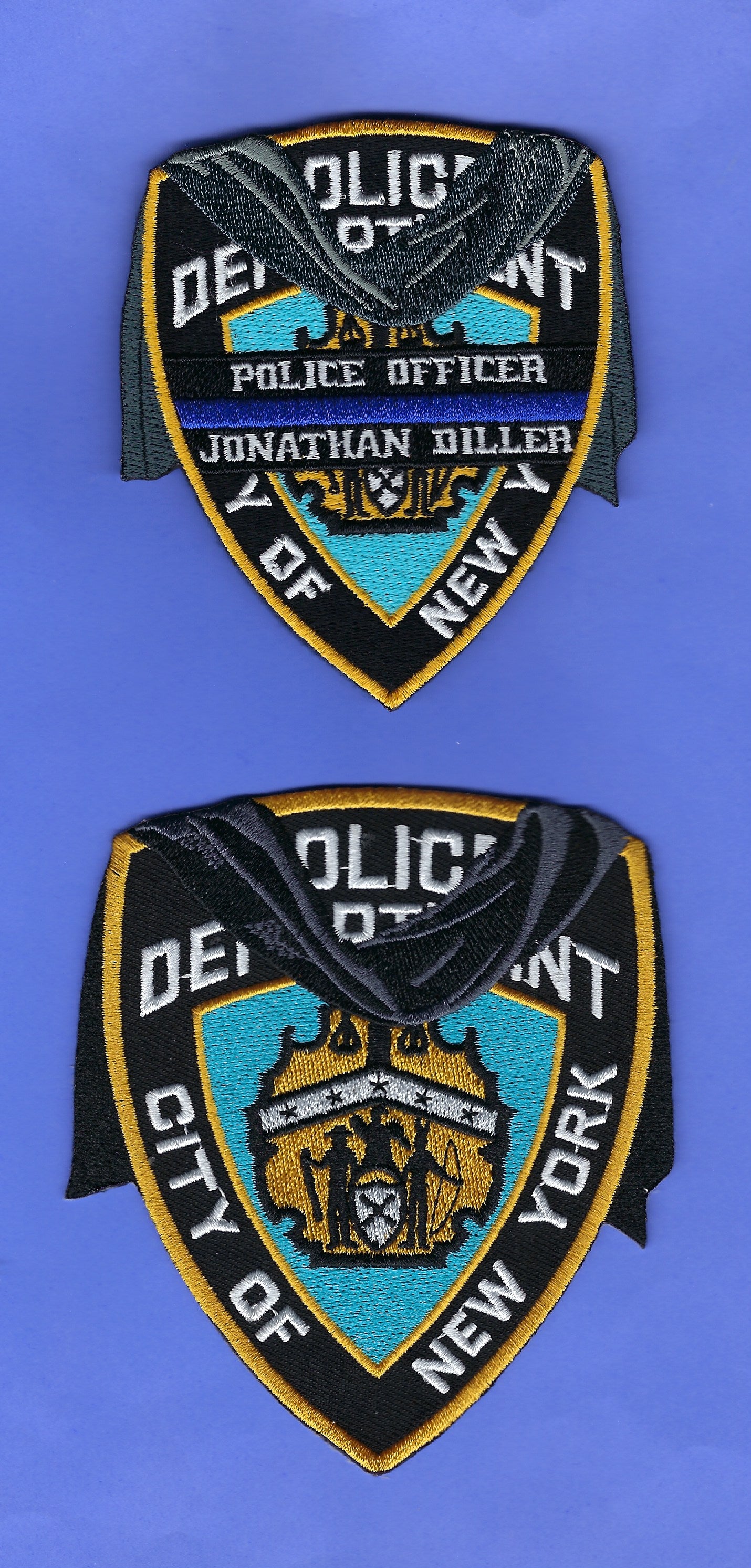 NEW YORK CITY POLICE DEPARTMENT (NYPD) 'POLICE OFFICER JONATHAN DILLER, BADGE NUMBER 110' MEMORIAL' PATCHES BY PUBLIC SAFETY COLLECTIBLES.