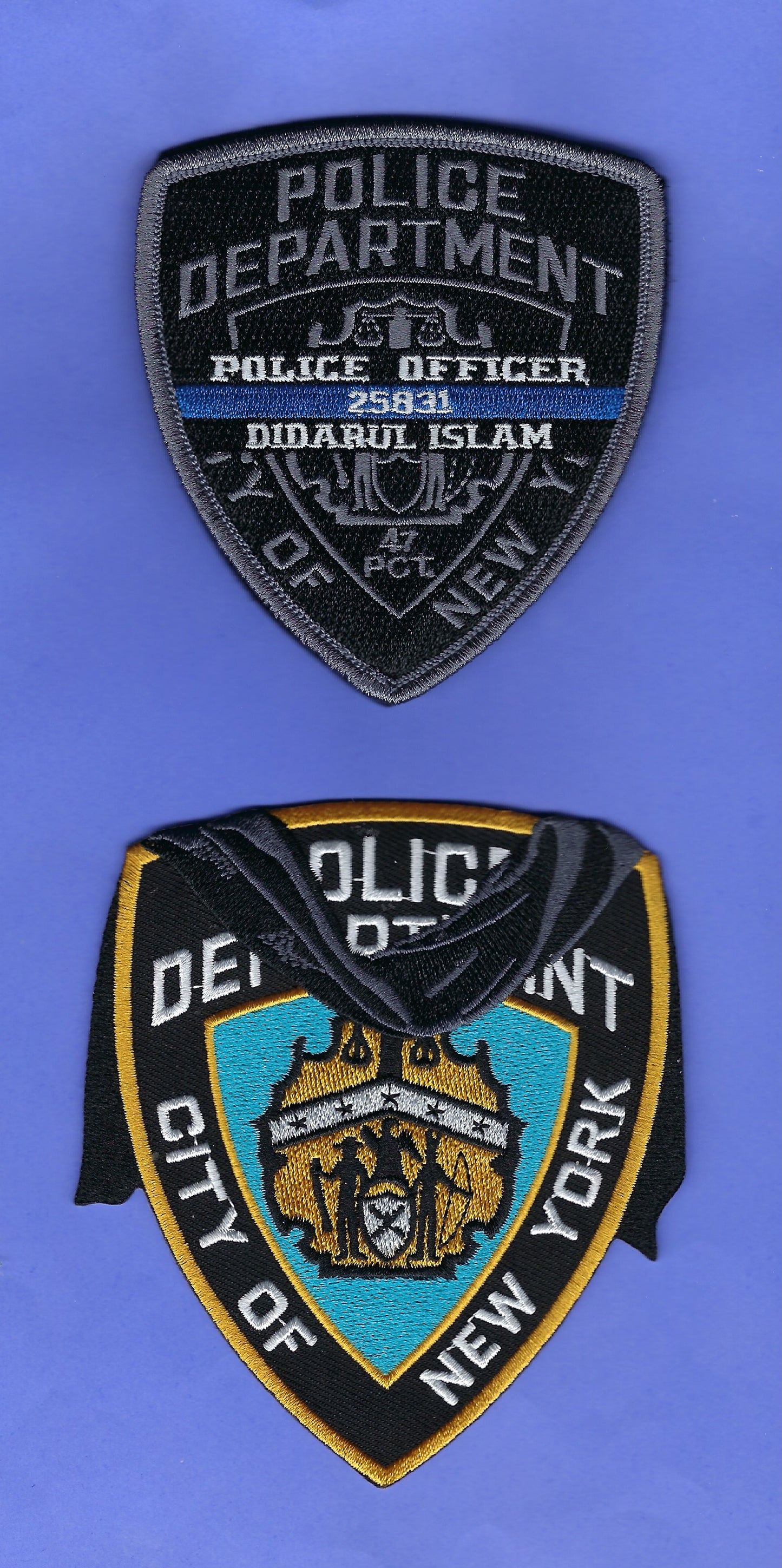 NEW YORK CITY POLICE DEPARTMENT (NYPD) 'POLICE OFFICER DIDARUL ISLAM, BADGE 25831' MEMORIAL' PATCHES BY PUBLIC SAFETY COLLECTIBLES.