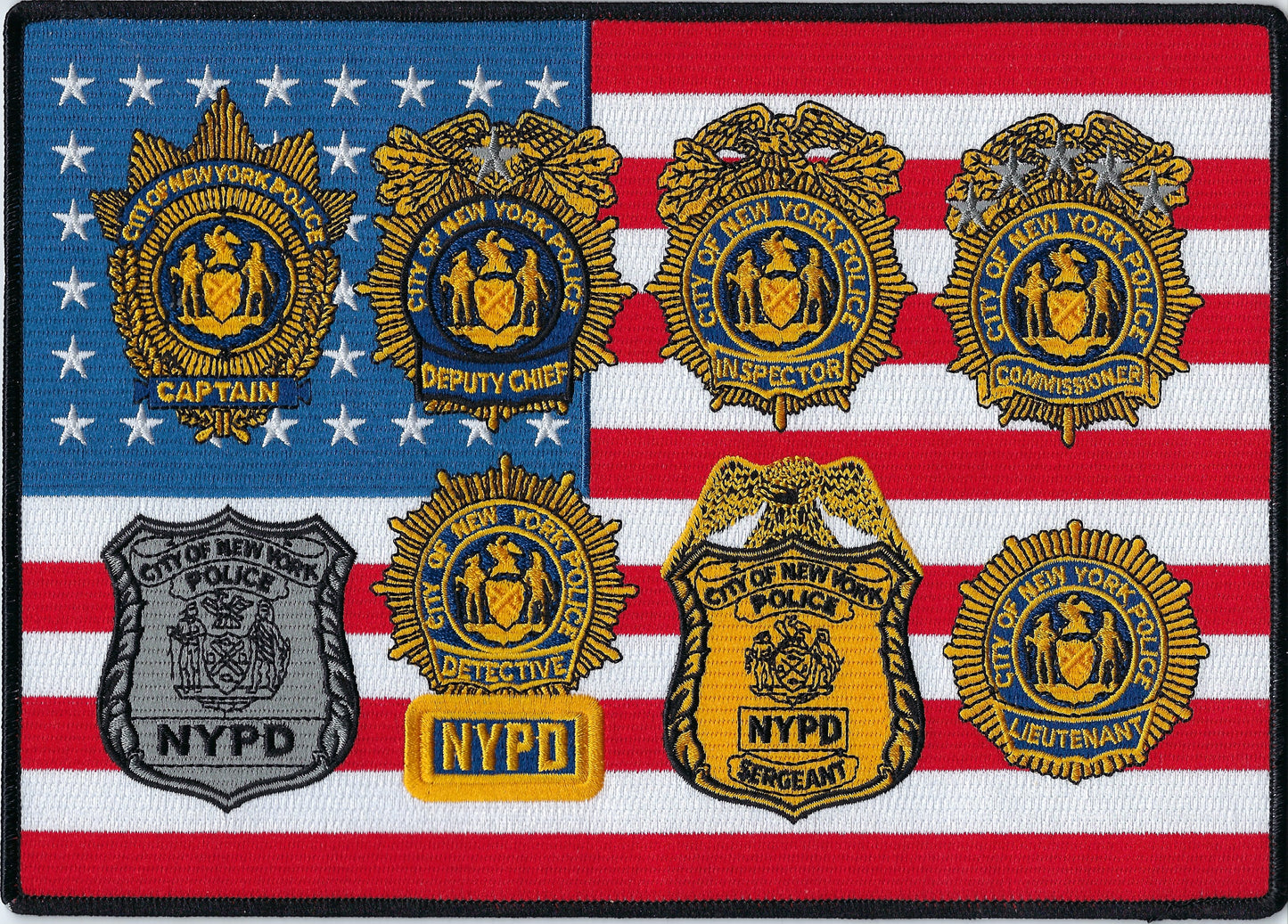 NEW YORK CITY POLICE DEPARTMENT (NYPD) 10-INCH X 7-INCH 'FOURTH OF JULY RANKS' FLAG EMBROIDERED PATCH BY UNDERDOG PATCH DESIGNS.