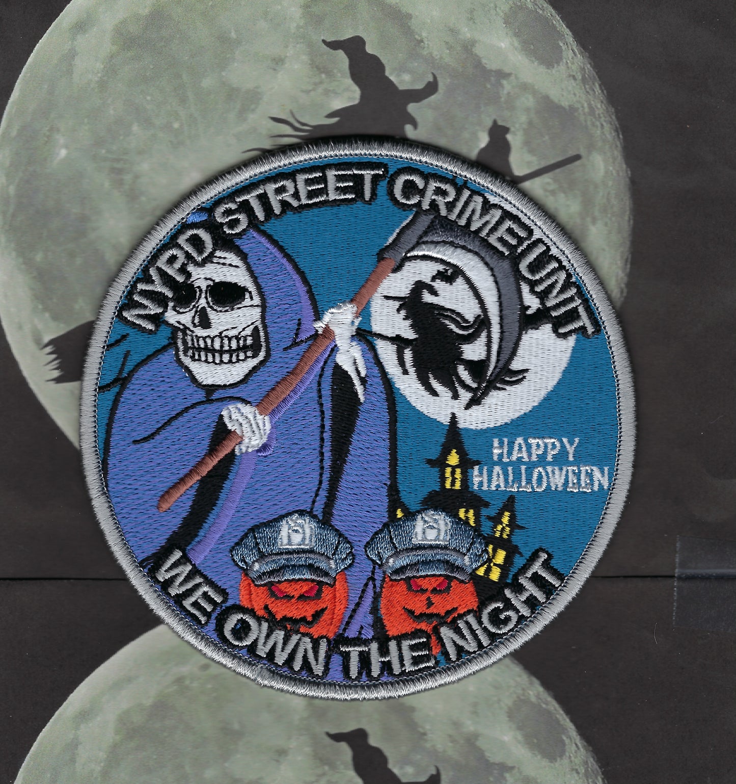 NEW YORK CITY POLICE DEPARTMENT (NYPD) 'STREET CRIME UNIT' WE OWN THE NIGHT HAPPY HALLOWEEN EMBROIDERED PATCH DESIGNED AND PRODUCED BY UNDERDOG PATCH DESIGNS.