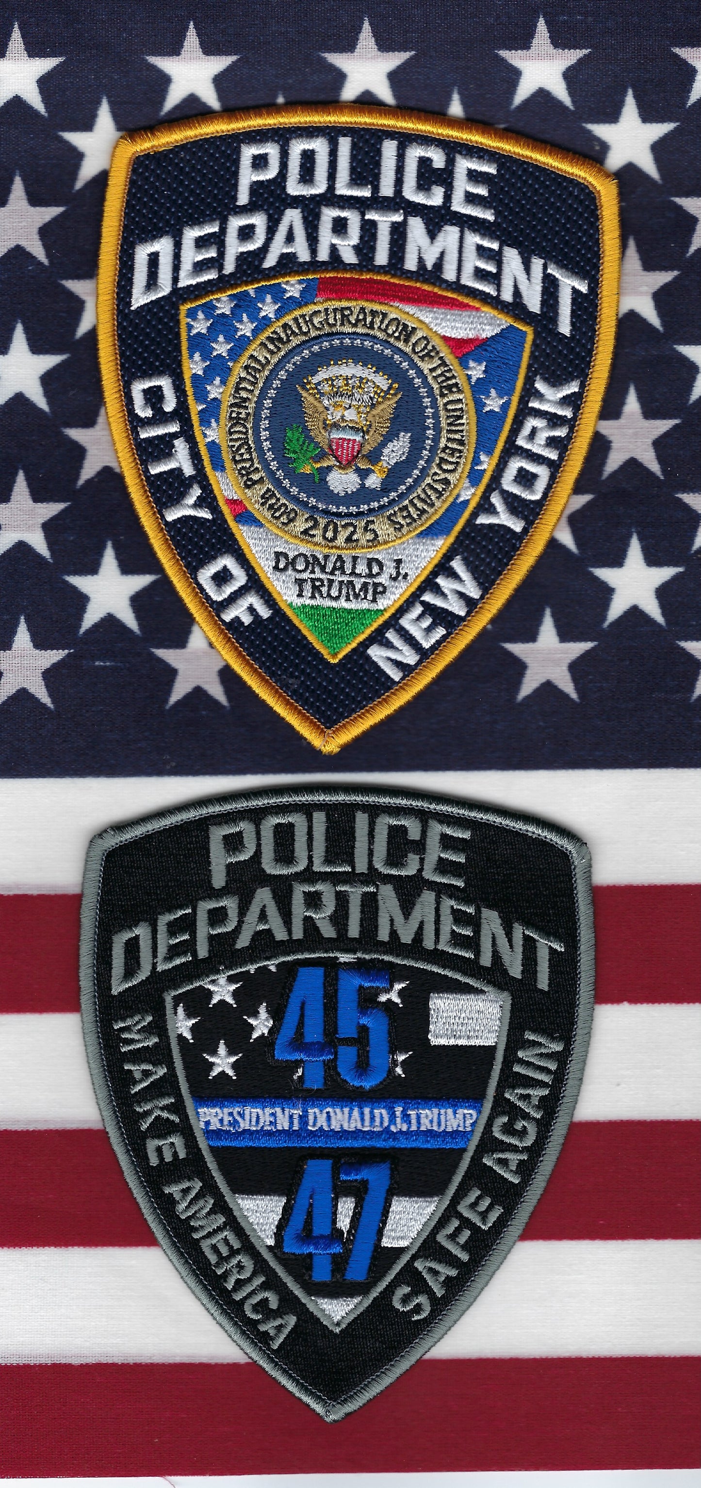NEW YORK CITY POLICE DEPARTMENT (NYPD) PRESIDENT DONALD J. TRUMP 5-INCH EMBROIDERED TRIBUTE PATCHES BY UNDERDOG PATCH PRODUCTIONS.