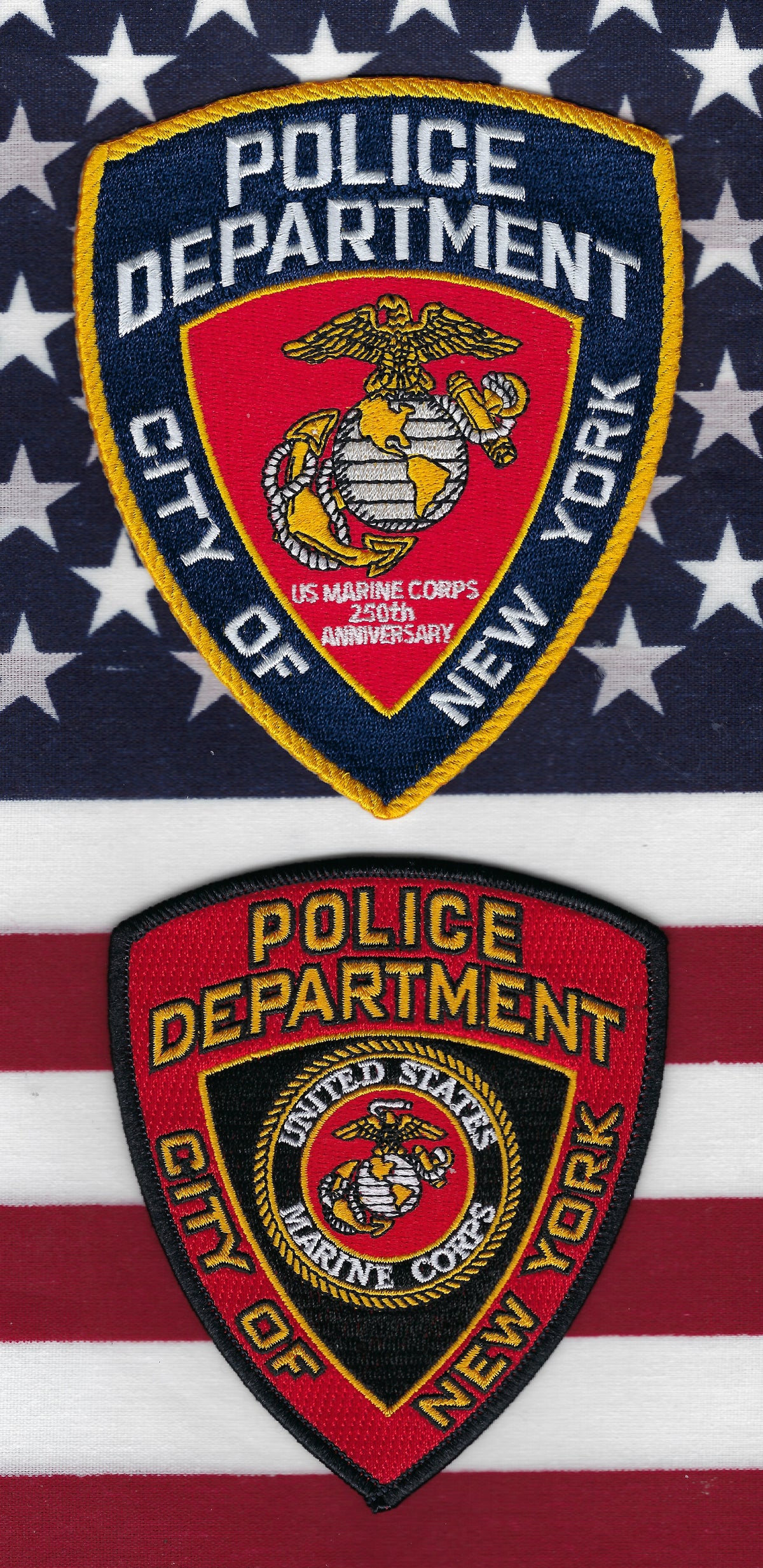 NEW YORK CITY POLICE DEPT (NYPD) 'UNITED STATES MARINES CORPS' EMBROIDERED PATCHES BY UNDERDOG PATCH PRODUCTIONS AND GHOST PATCH ENTERPRISES.
