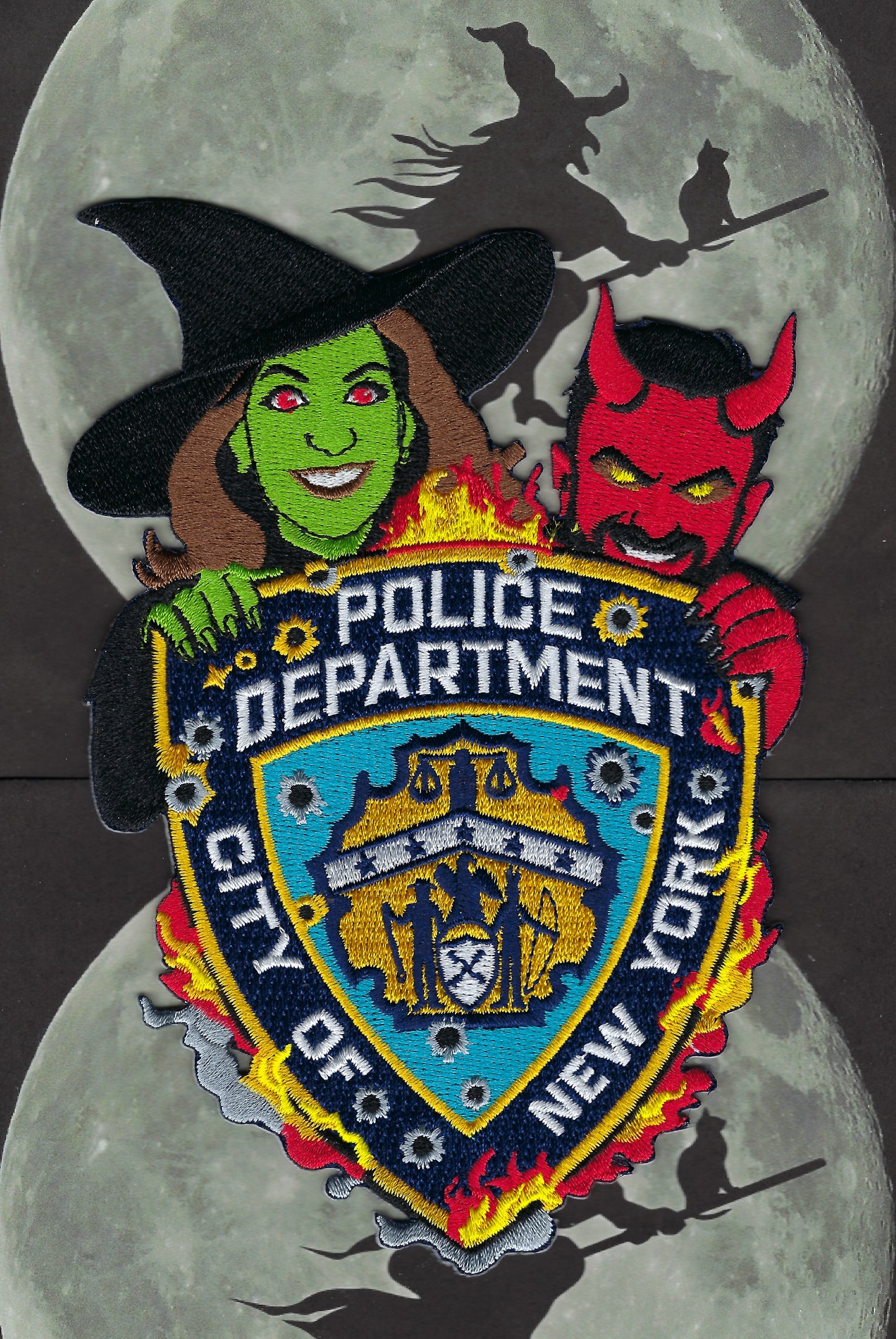 NEW YORK CITY POLICE DEPARTMENT (NYPD) ''WITCH AND DEVIL' HALLOWEEN EMBROIDERED PATCH DESIGNED AND PRODUCED BY UNDERDOG PATCH DESIGNS.