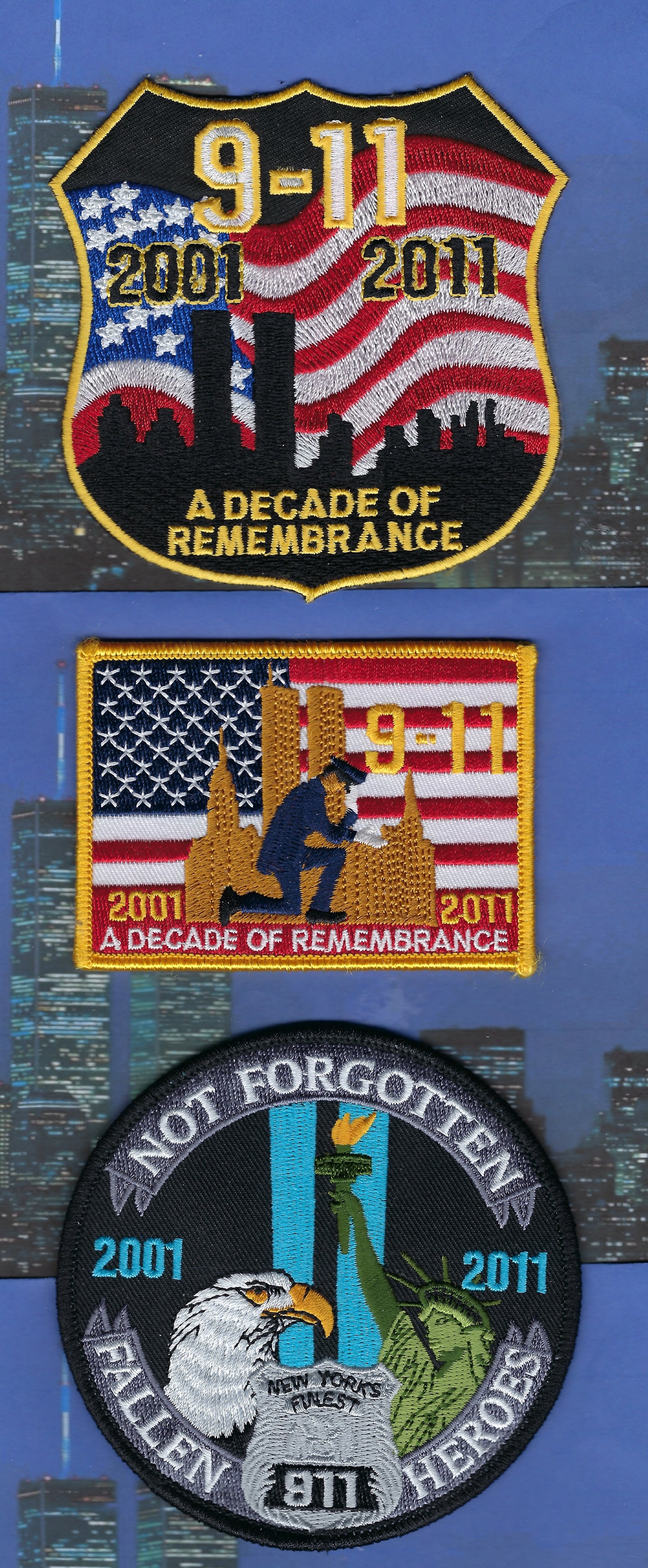 NEW YORK CITY POLICE DEPARTMENT (NYPD) WORLD TRADE CENTER 9-11-01 TWIN TOWERS DECADE OF REMEMBRANCE EMBROIDERED PATCHES BY PUBLIC SAFETY COLLECTIBLES.