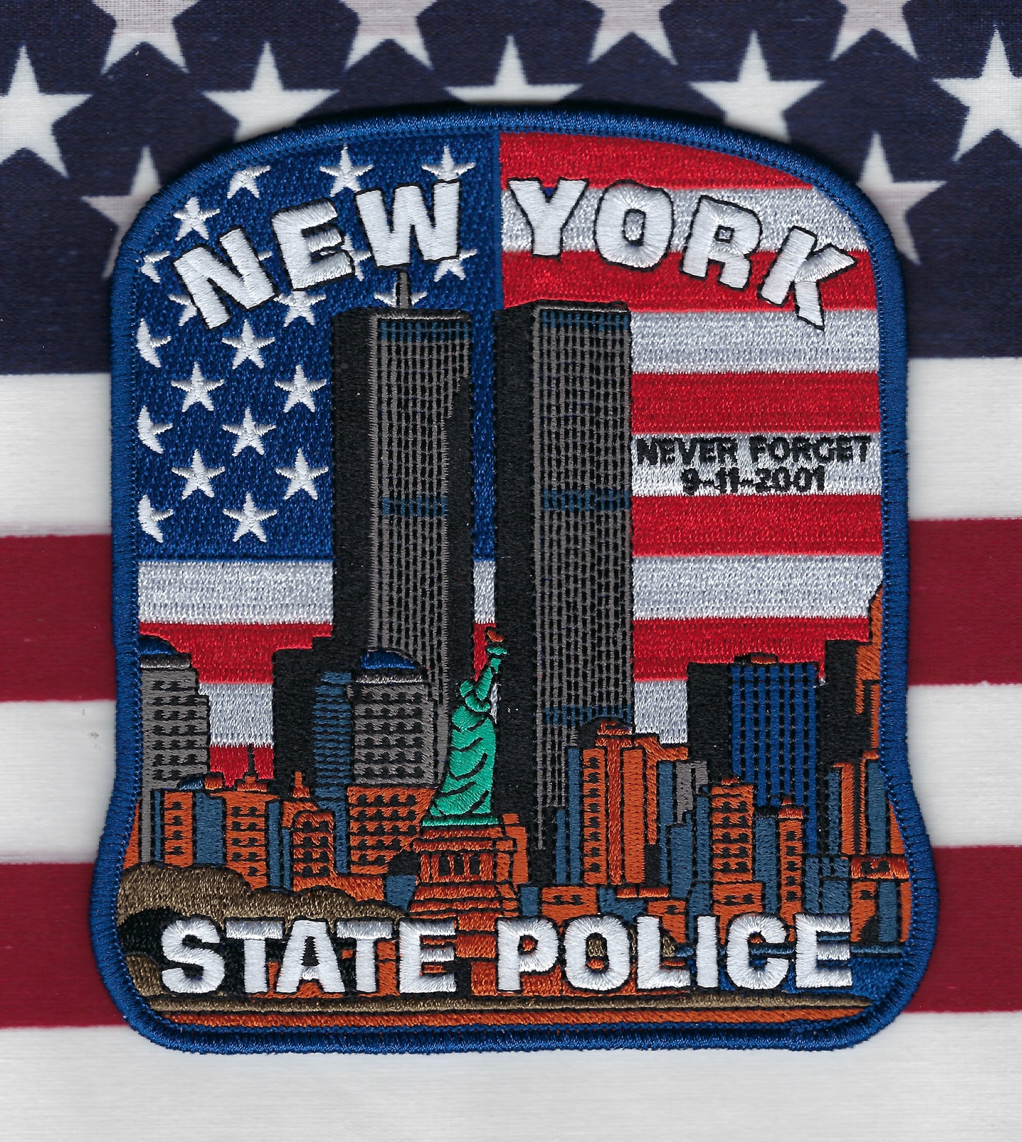 NEW YORK STATE POLICE (NYSP) DEPARTMENT 5.5 INCH 09-11-01 'TUNNEL TO TOWERS' EMBROIDERED TRIBUTE PATCH BY UNDERDOG PATCH DESIGNS.
