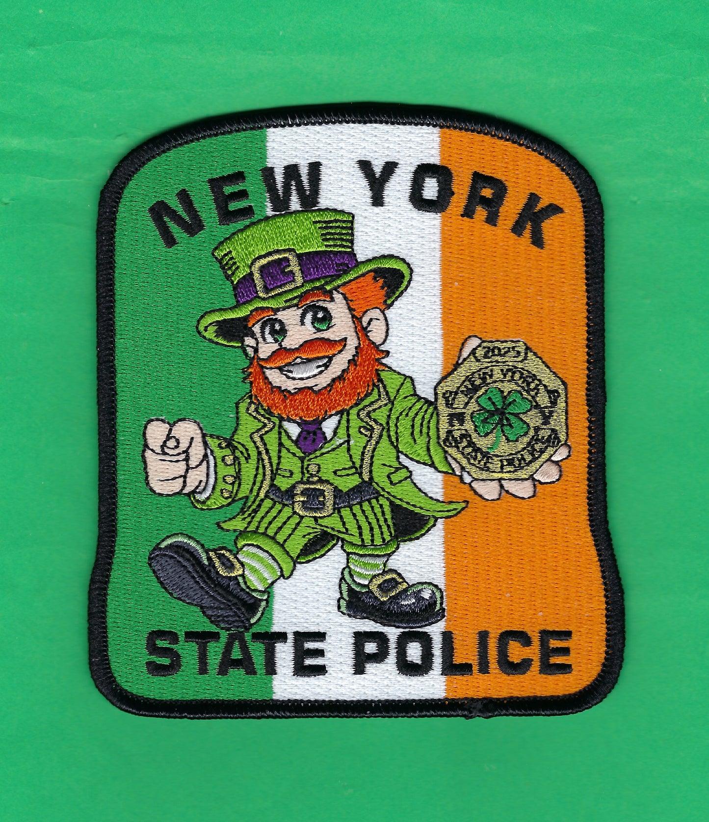 NEW YORK STATE POLICE (NYSP) DEPARTMENT 4.5 INCH SAINT PATRICK'S DAY EMBROIDERED PATCH BY GHOST PATCH ENTERPRISES.