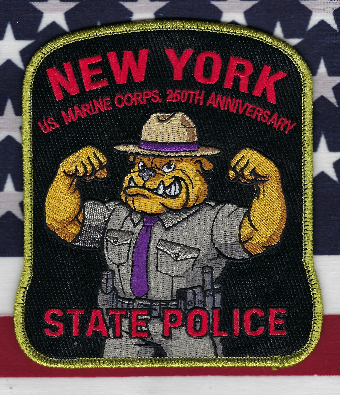 NEW YORK STATE POLICE DEPARTMENT (NYSP) UNITED STATES MARINE CORPS (USMC) 250th ANNIVERSARY EMBROIDERED TRIBUTE PATCH DESIGNED AND PRODUCED BY UNDERDOG PATCH DESIGNS.