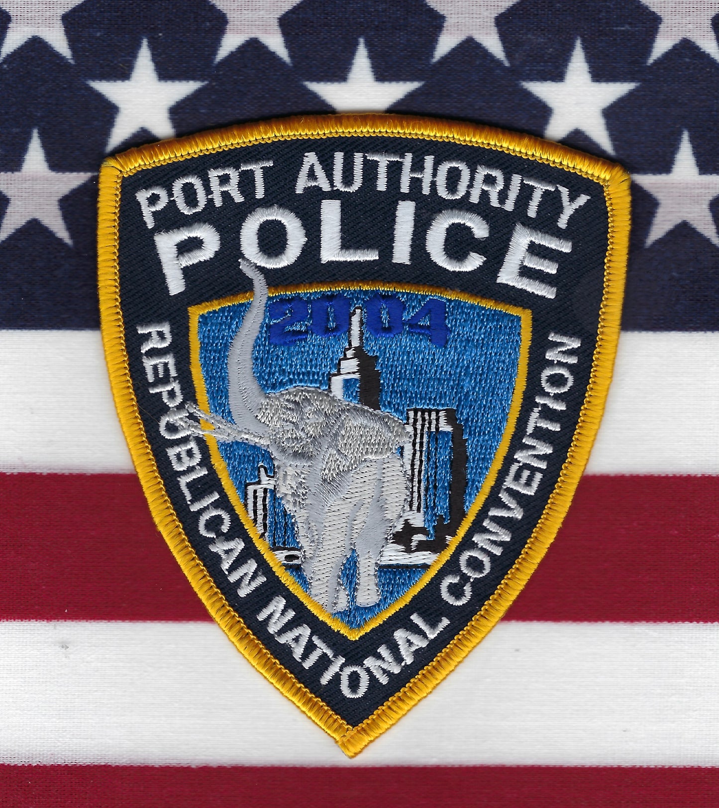 PORT AUTHORITY POLICE DEPARTMENT (PAPD) OF NEW YORK-NEW JERSEY 4-INCH '2004 REPUBLICAN NATIONAL CONVENTION' EMBROIDERED PATCH BY PUBLIC SAFETY COLLECTIBLES.