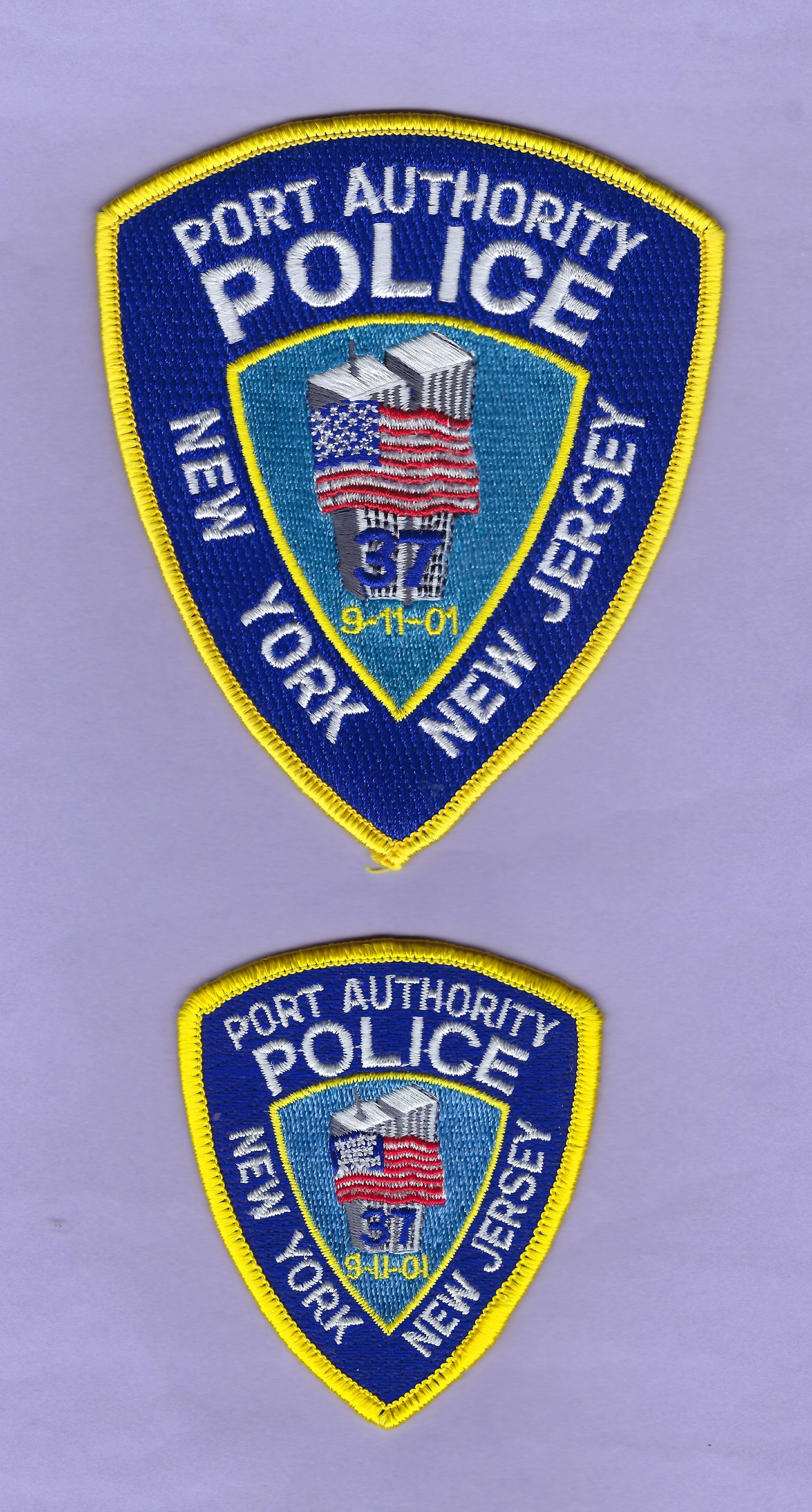 PORT AUTHORITY POLICE DEPARTMENT (PAPD) OF NEW YORK-NEW JERSEY '9-11-01 WORLD TRADE CENTER TRIBUTE' EMBROIDERED PATCHES BY PUBLIC SAFETY COLLECTIBLES.