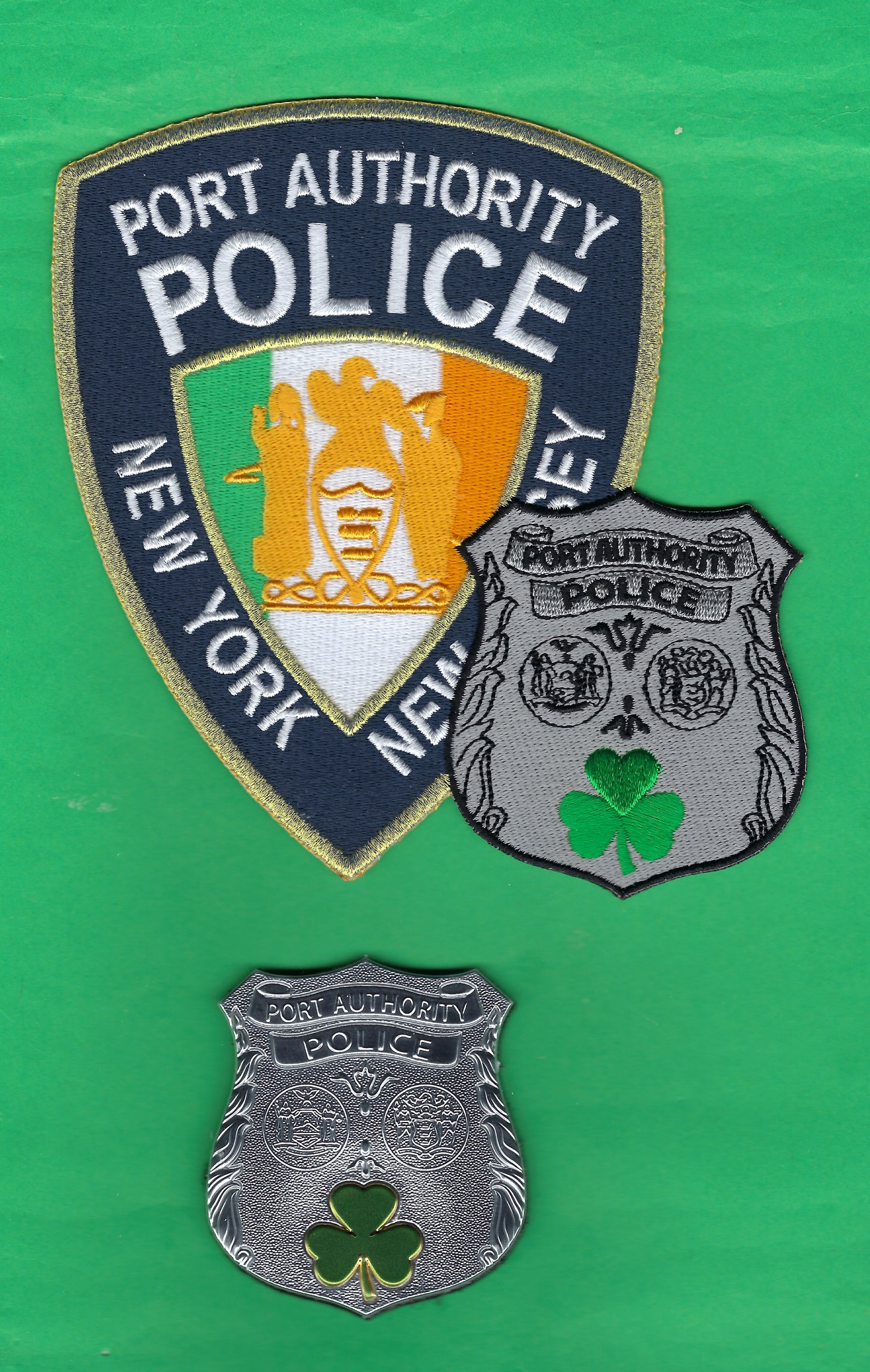 PORT AUTHORITY POLICE DEPARTMENT (PAPD) OF NEW YORK-NEW JERSEY SAINT PATRICK's DAY EMBROIDERED PATCH AND 2.75 INCH PDURASHIELD WITH VELCRO BACKING BY UNDERDOG PATCH PRODUCTIONS.