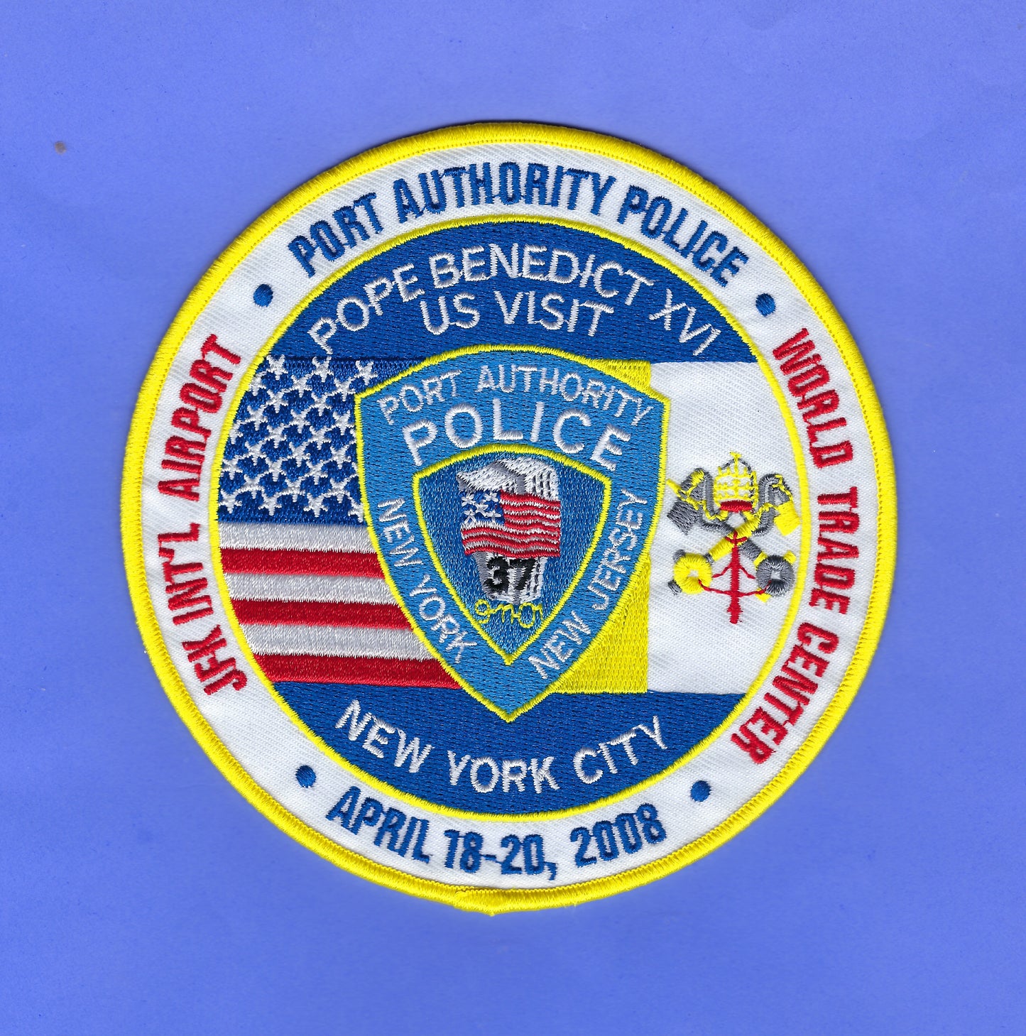 PORT AUTHORITY POLICE DEPARTMENT (PAPD) OF NEW YORK-NEW JERSEY (WORLD TRADE CENTER) POPE BENEDICT XVI UNITED STATES VISIT ( APRIL 18-20, 2008 ) EMBROIDERED TRIBUTE PATCH BY PUBLIC SAFETY COLLECTIBLES.