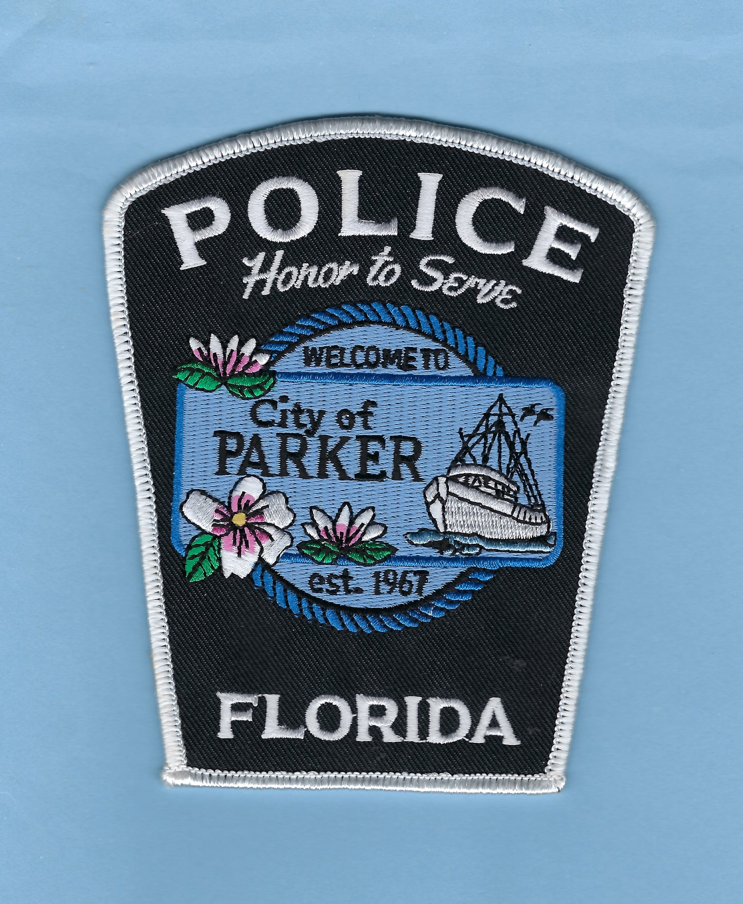 PARKER, FLORIDA POLICE DEPARTMENT 4.75 INCH EMBROIDERED PATCH BY PUBLIC SAFETY COLLECTIBLES.