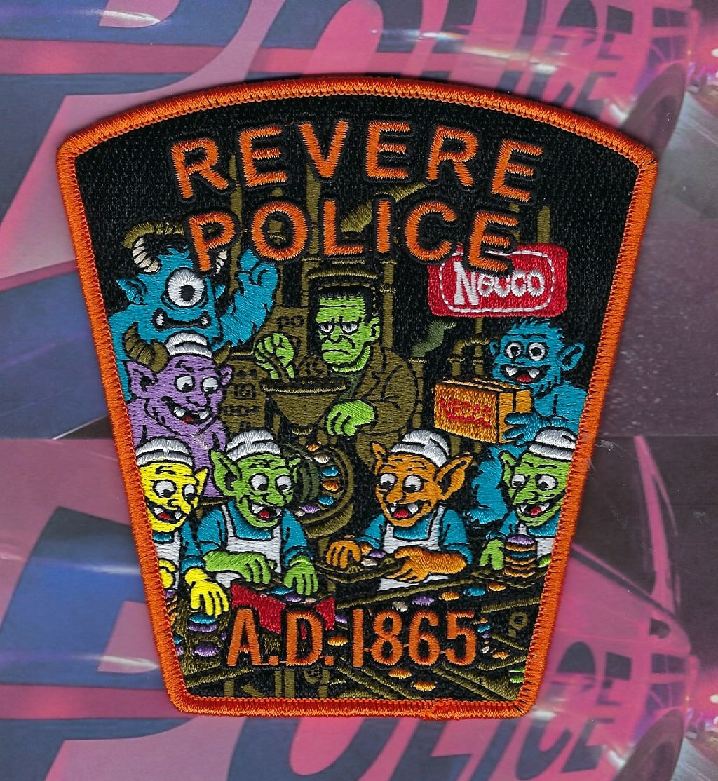REVERE, MASSACHUSETTS POLICE DEPT EMBROIDERED HALLOWEEN PATCH BY GHOST PATCH ENTERPRISES.