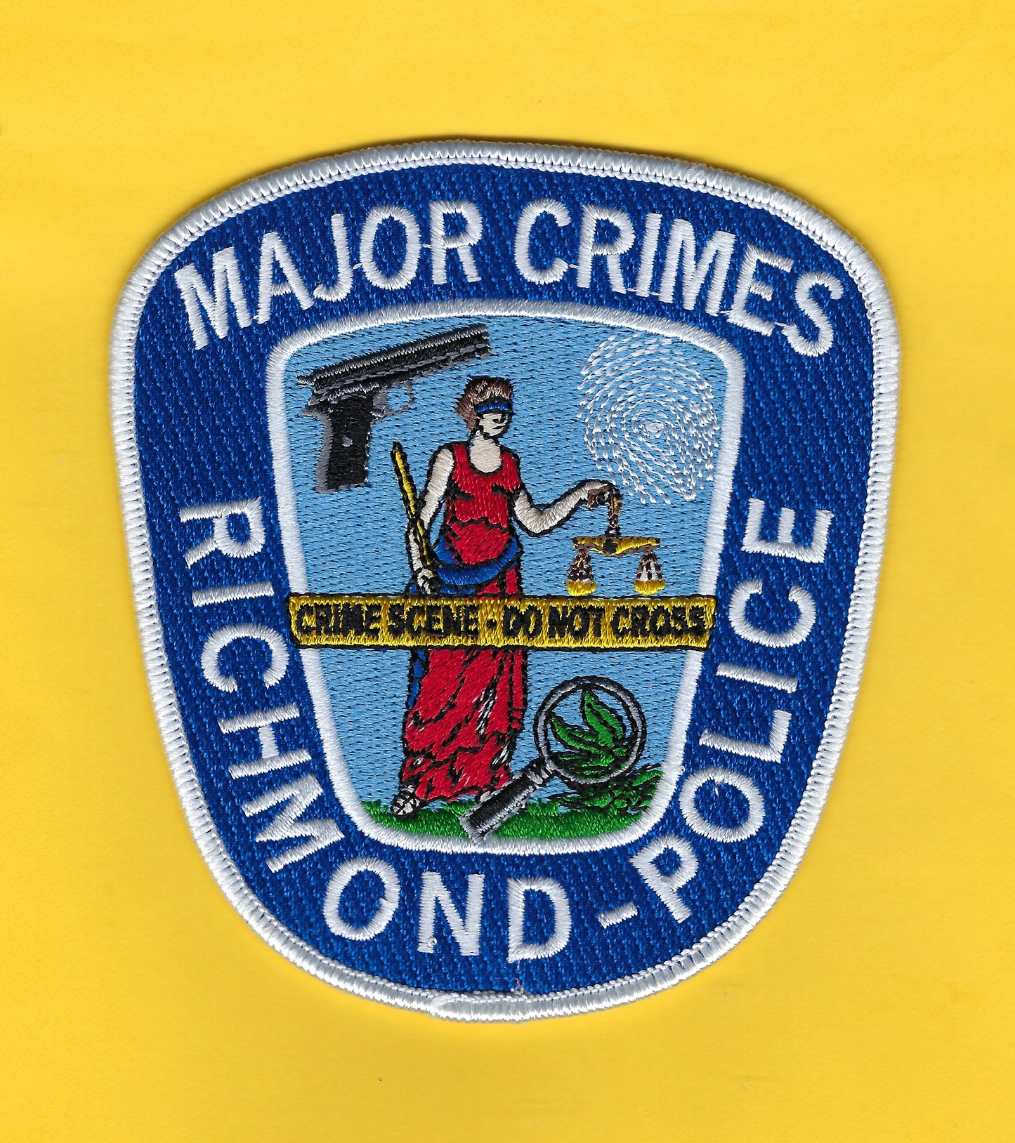 RICHMOND, VIRGINIA POLICE DEPARTMENT MAJOR CRIMES UNIT 4.5 INCH EMBROIDERED PATCH BY HUNTZMAN ENTERPRISES.
