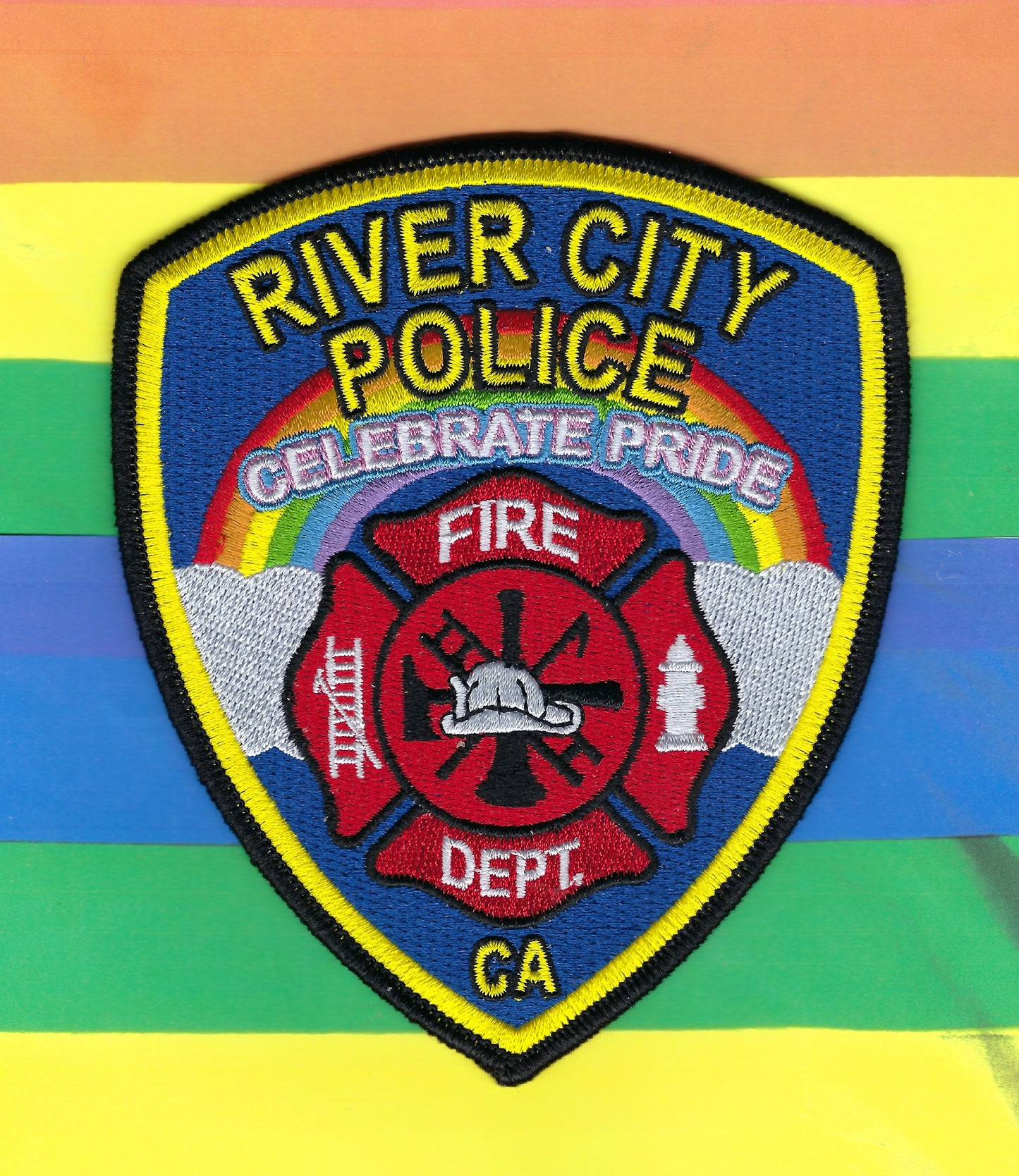 RIVER CITY, CALIFORNIA FIRE DEPARTMENT 5-INCH GAY PRIDE EMBROIDERED PATCH BY GHOST PATCH ENTERPRISES.
