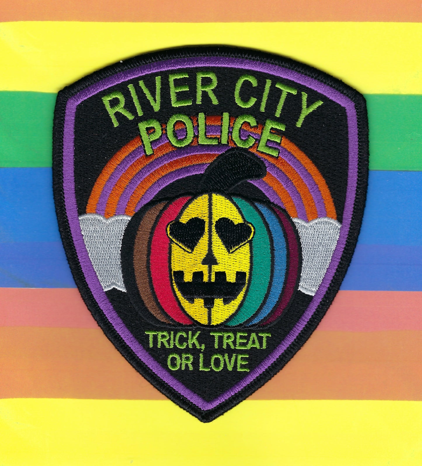 RIVER CITY, CALIFORNIA POLICE DEPARTMENT 4.75 INCH EMBROIDERED 'GAY PRIDE' HALLOWEEN PATCH DESIGNED AND PRODUCED BY GHOST PATCH ENTERPRISES.
