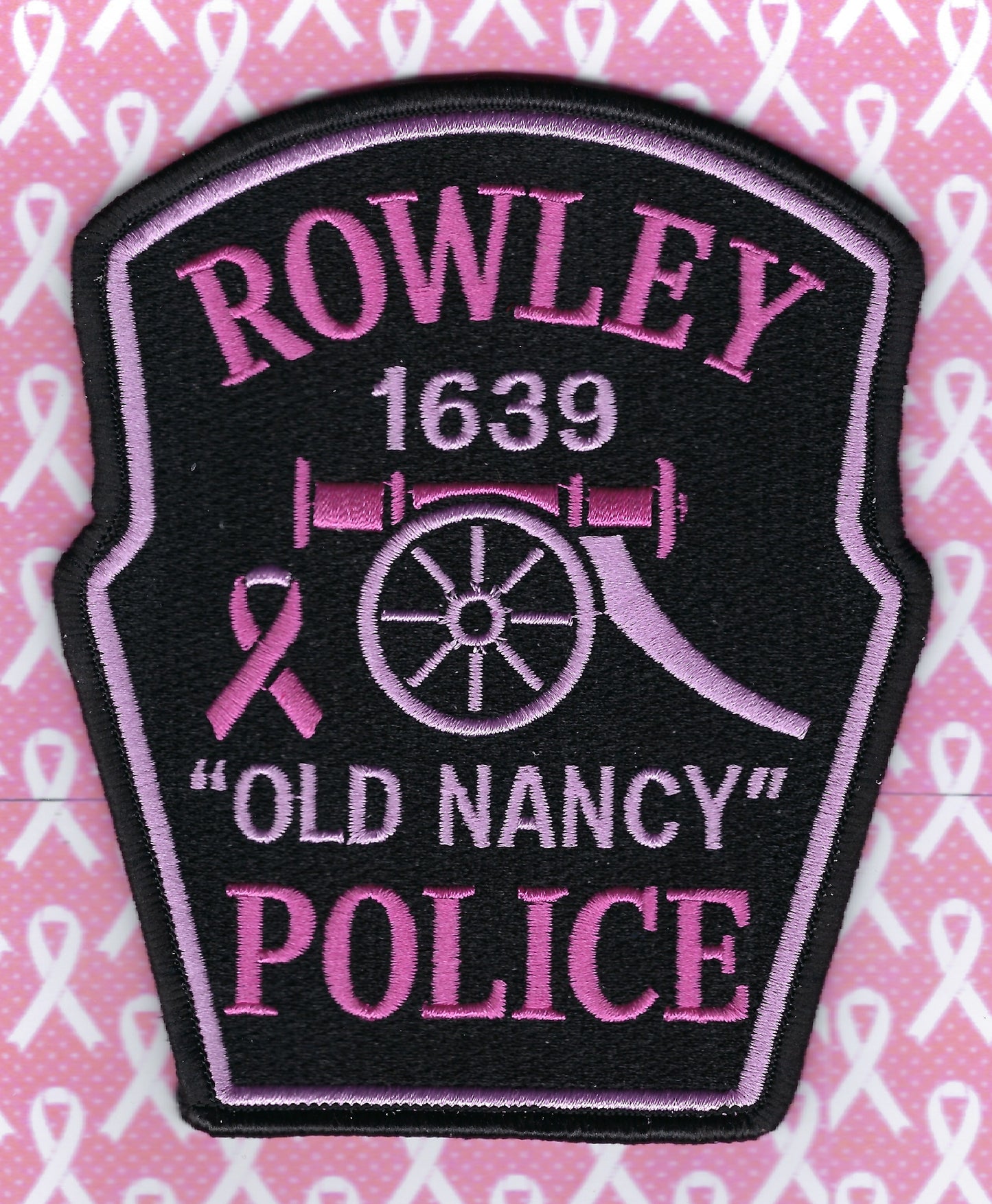 ROWLEY, MASSACHUSETTS POLICE DEPARTMENT BREAST CANCER AWARENESS' EMBROIDERED PATCH DESIGNED AND PRODUCED BY GHOST PATCH ENTERPRISES