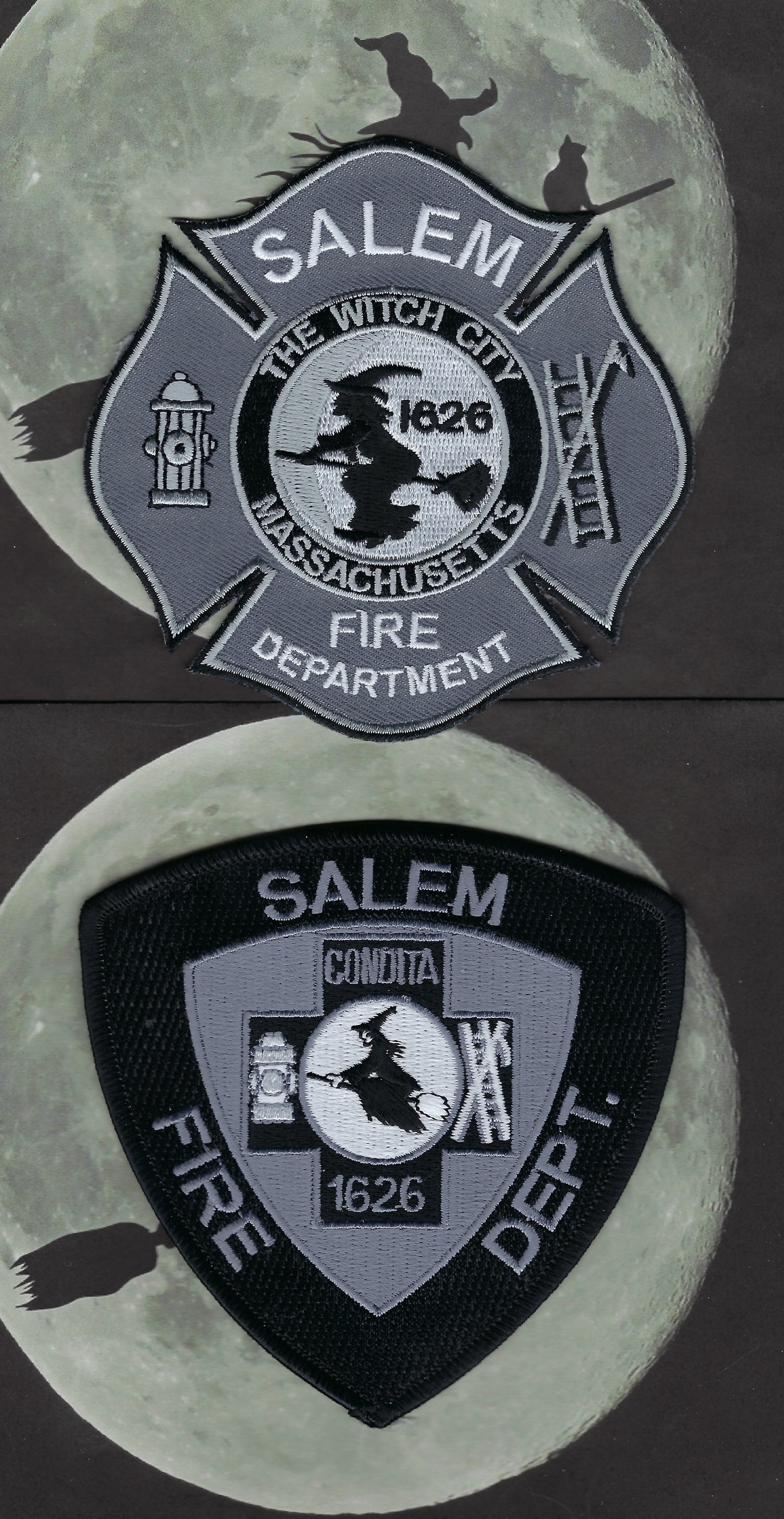 SALEM, MASSACHUSETTS (WITCH CITY) FIRE DEPARTMENT 4-INCH SUBDUED EMBROIDERED PATCHES BY PUBLIC SAFETY COLLECTIBLES.