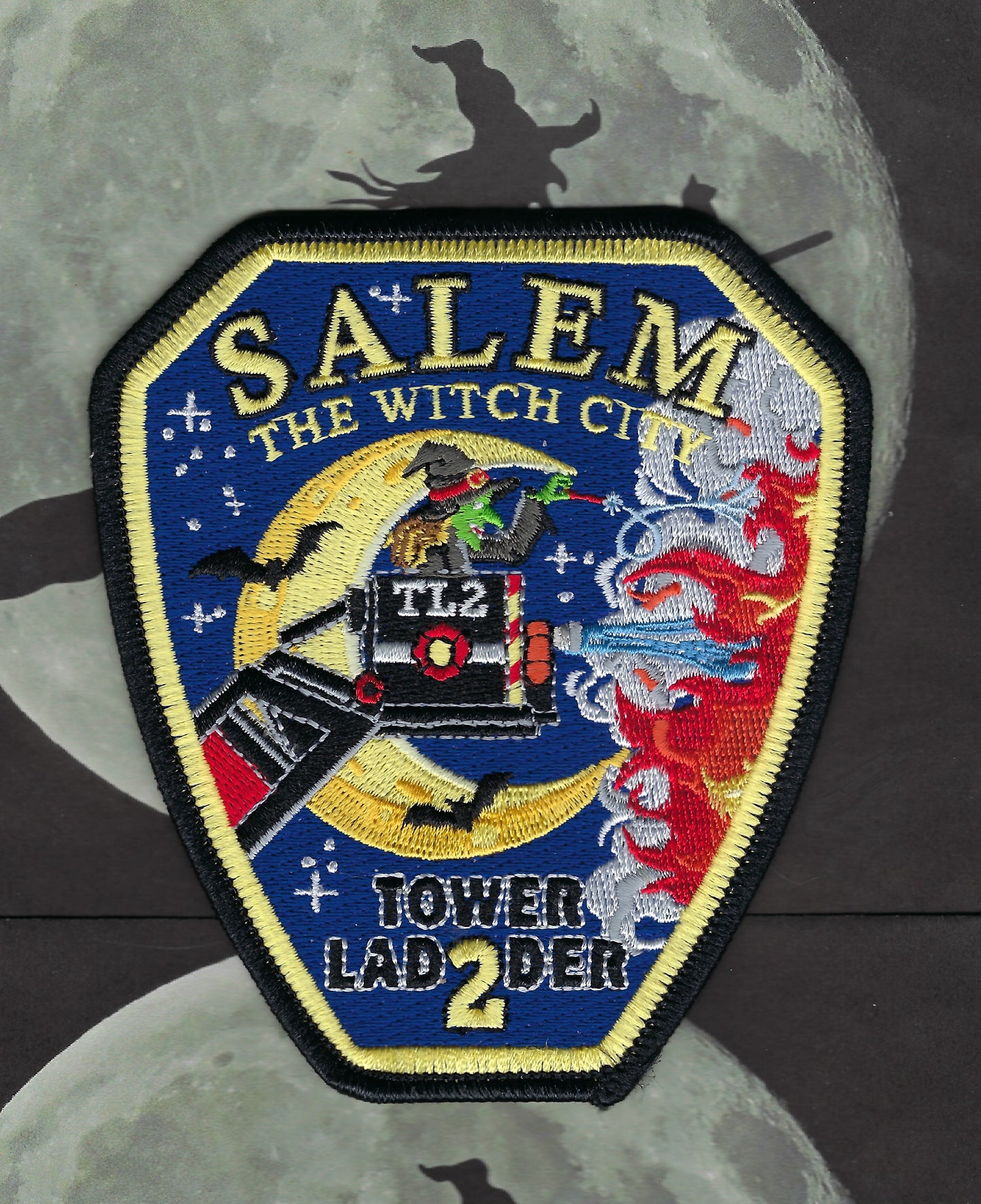 SALEM, MASSACHUSETTS (WITCH CITY) FIRE DEPARTMENT 4.5 INCH TOWER LADDER 2 EMBROIDERED COMPANY PATCH BY PUBLIC SAFETY COLLECTIBLES.