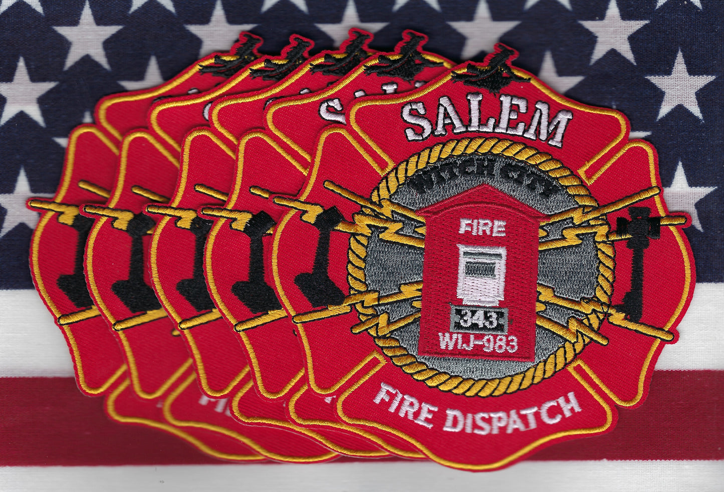 SALEM, MASSACHUSETTS FIRE DEPARTMENT 'FIRE DISPATCH' EMBROIDERED PATCHES' HONORING THE FDNY '343' MEMBERS WHO PERISHED ON 9-11-01 AT THE WORLD TRADE CENTER.