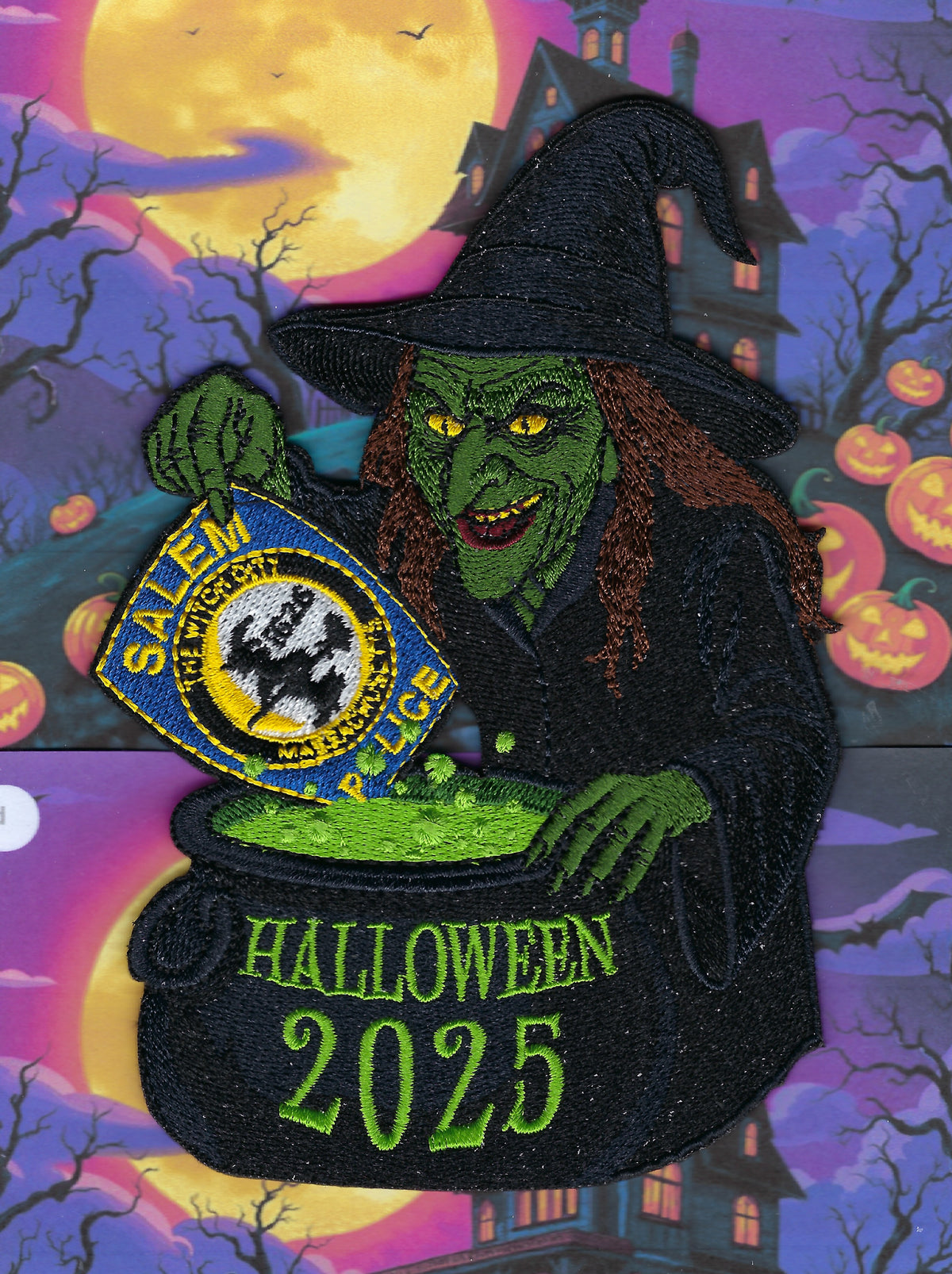 SALEM, MASSACHUSETTS POLICE DEPT ( WITCH CITY ) EMBROIDERED 'HAPPY HALLOWEEN 2025' PATCH SOLD EXCLUSIVELY BY THE WITCH CITY POLICE DEPARTMENT.