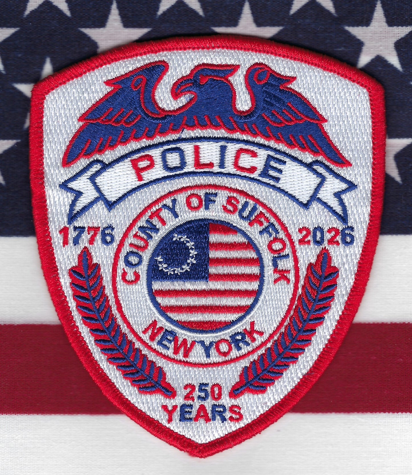 SUFFOLK COUNTY, NEW YORK POLICE DEPARTMENT (SCPD) 'USA 250TH ANNIVERSARY' EMBROIDERED TRIBUTE PATCH BY REAL TIME COIN CENTER.