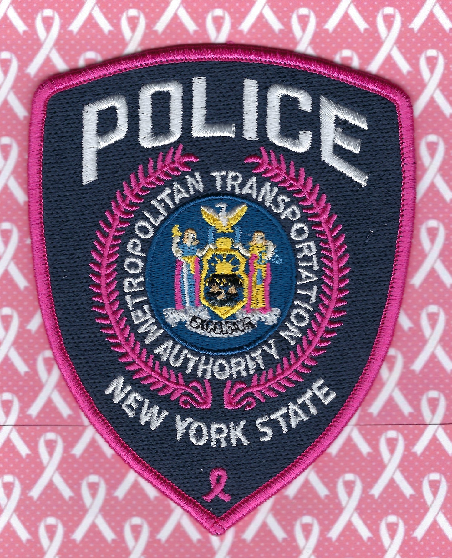 NEW YORK STATE METROPOLITAMN TRANSPORTATION AUTHORITY POLICE DEPARTMENT 'BREAST CANCER AWARENESS' EMBROIDERED PATCH DESIGNED AND PRODUCED BY UNDERDOG PATCH DESIGNS.