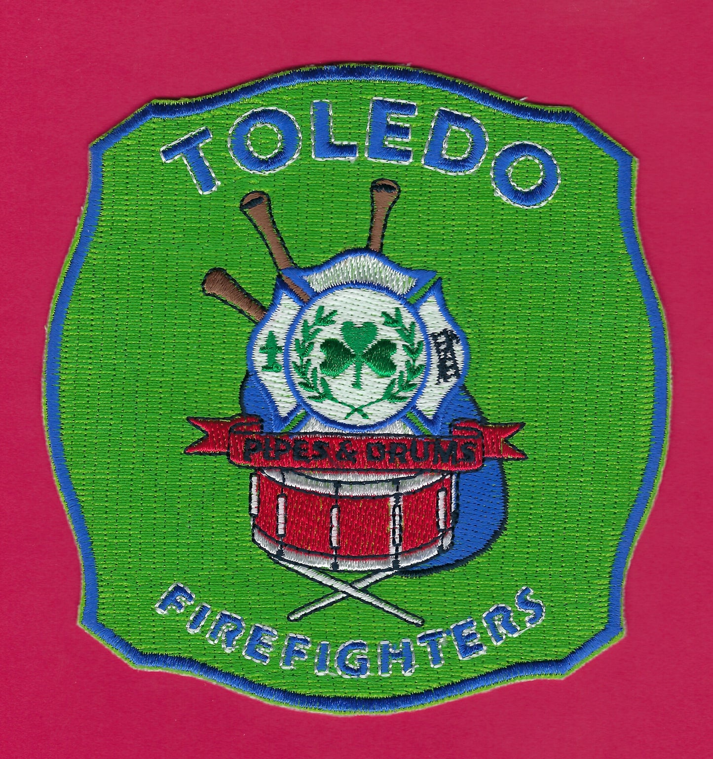 TOLEDO, OHIO FIREFIGHTERS PIPES AND DRUMS EMBROIDERED PATCH BY PUBLIC SAFETY COLLECTIBLES.