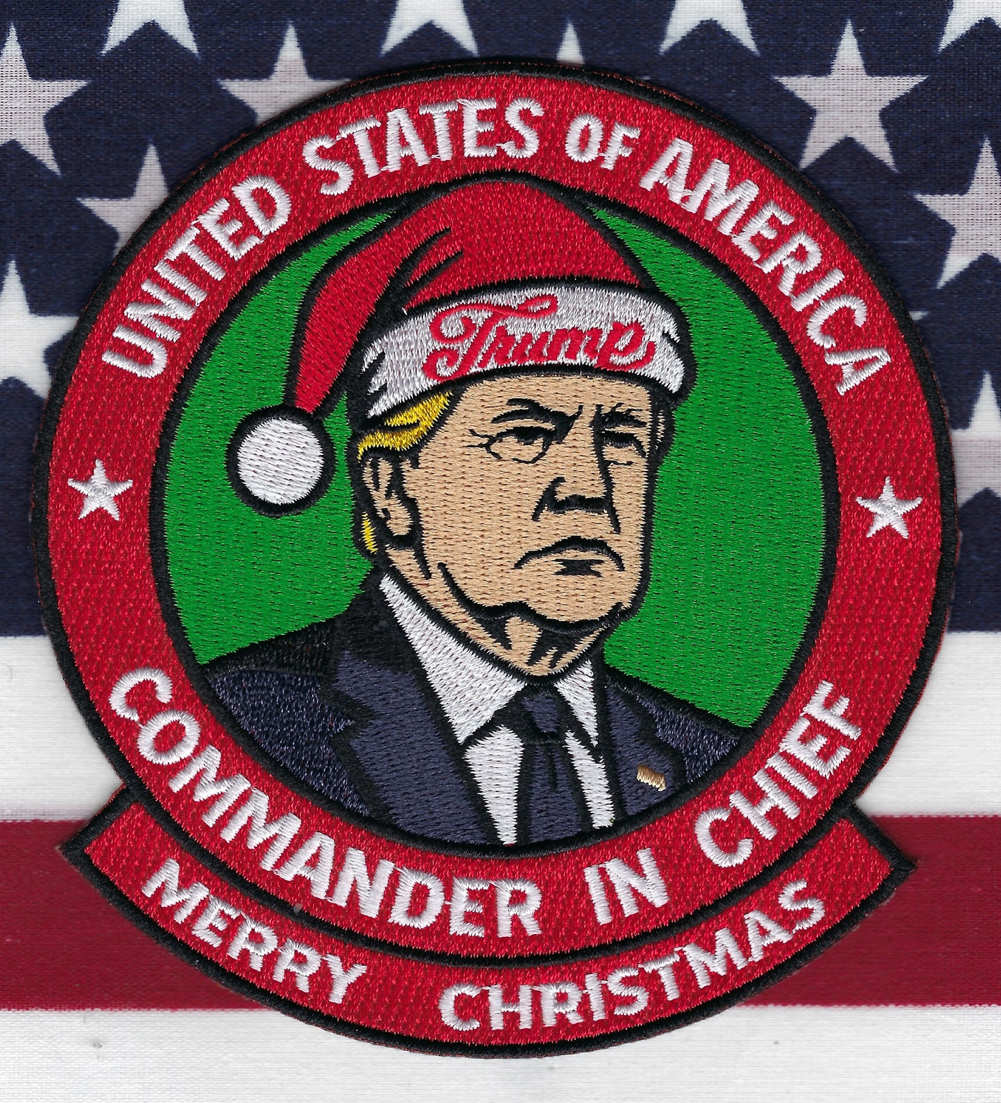 UNITED STATES OF AMERICA 'COMMANDER IN CHIEF' DONALD J. TRUMP EMBROIDERED MERRY CHRISTMAS PATCH DESIGNED AND PRODUCED BY UNDERDOG PATCH DESIGNS.