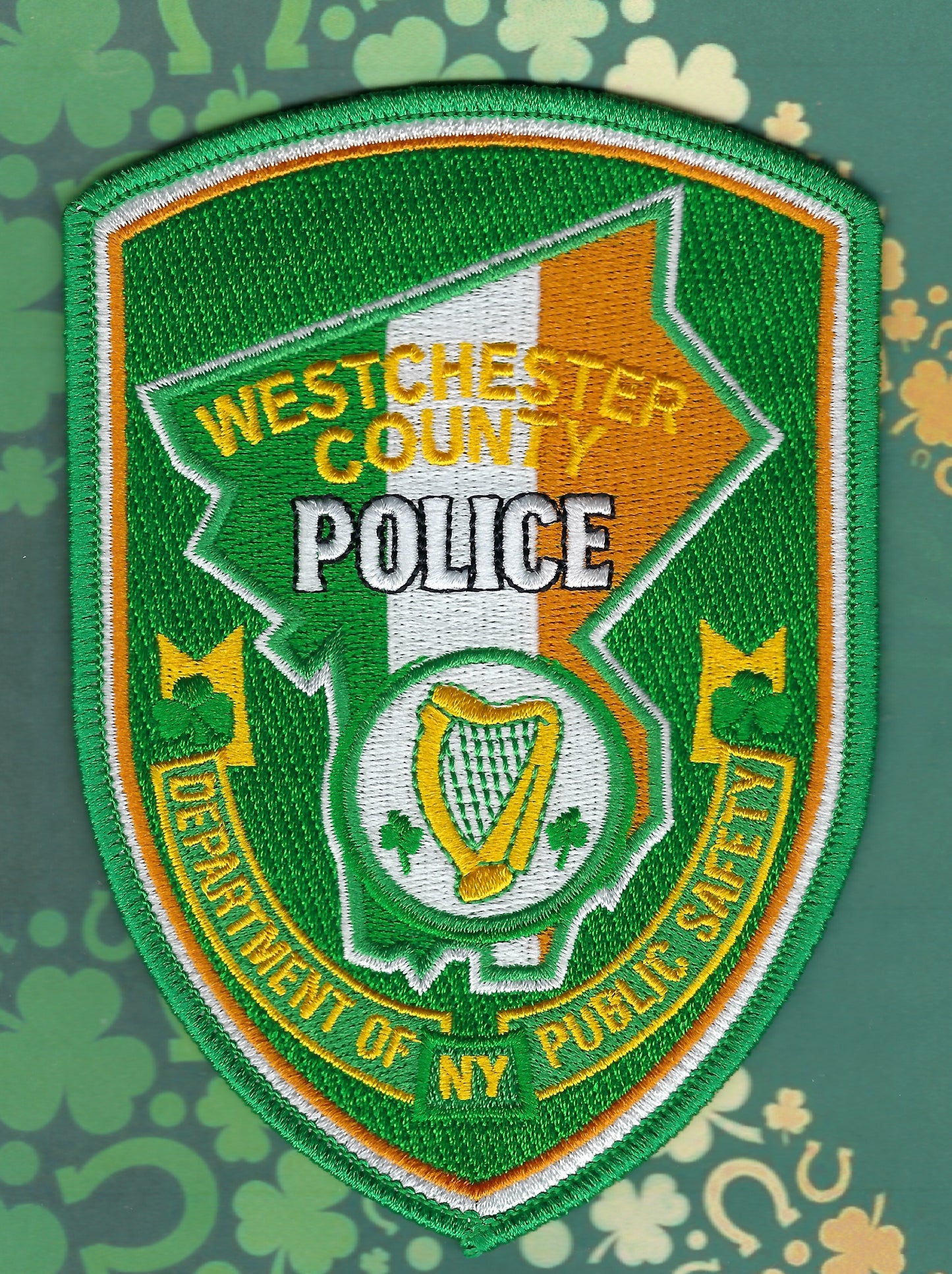WESTCHESTER COUNTY, NEW YORK POLICE DEPARTMENT (WCPD) 'HAPPY SAINT PATRICK'S DAY' EMBROIDERED PATCH DESIGNED AND PRODUCED BY UNDERDOG PATCH PRODUCTIONS.
